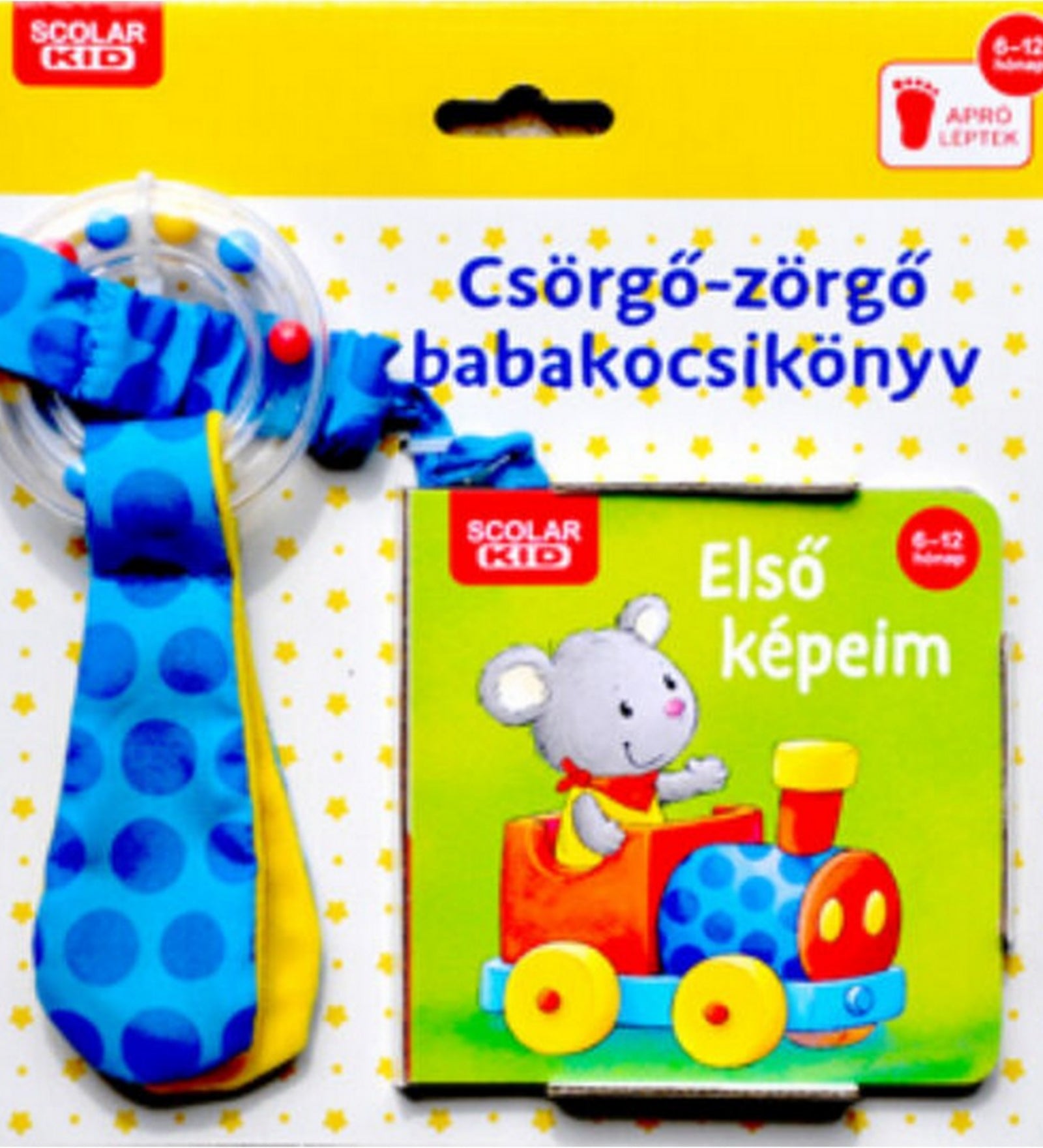 Csörgő-zörgő babakocsikönyv – Első képeim, Scolar Kid kiadásban. A csomag tartalmaz egy kék-sárga textilcsörgőt pöttyös mintával és egy színes, keménylapos könyvet, amelyen egy kis egér ül egy piros-kék játékmozdonyban.