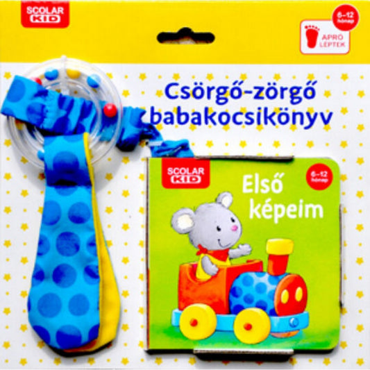Csörgő-zörgő babakocsikönyv – Első képeim, Scolar Kid kiadásban. A csomag tartalmaz egy kék-sárga textilcsörgőt pöttyös mintával és egy színes, keménylapos könyvet, amelyen egy kis egér ül egy piros-kék játékmozdonyban.