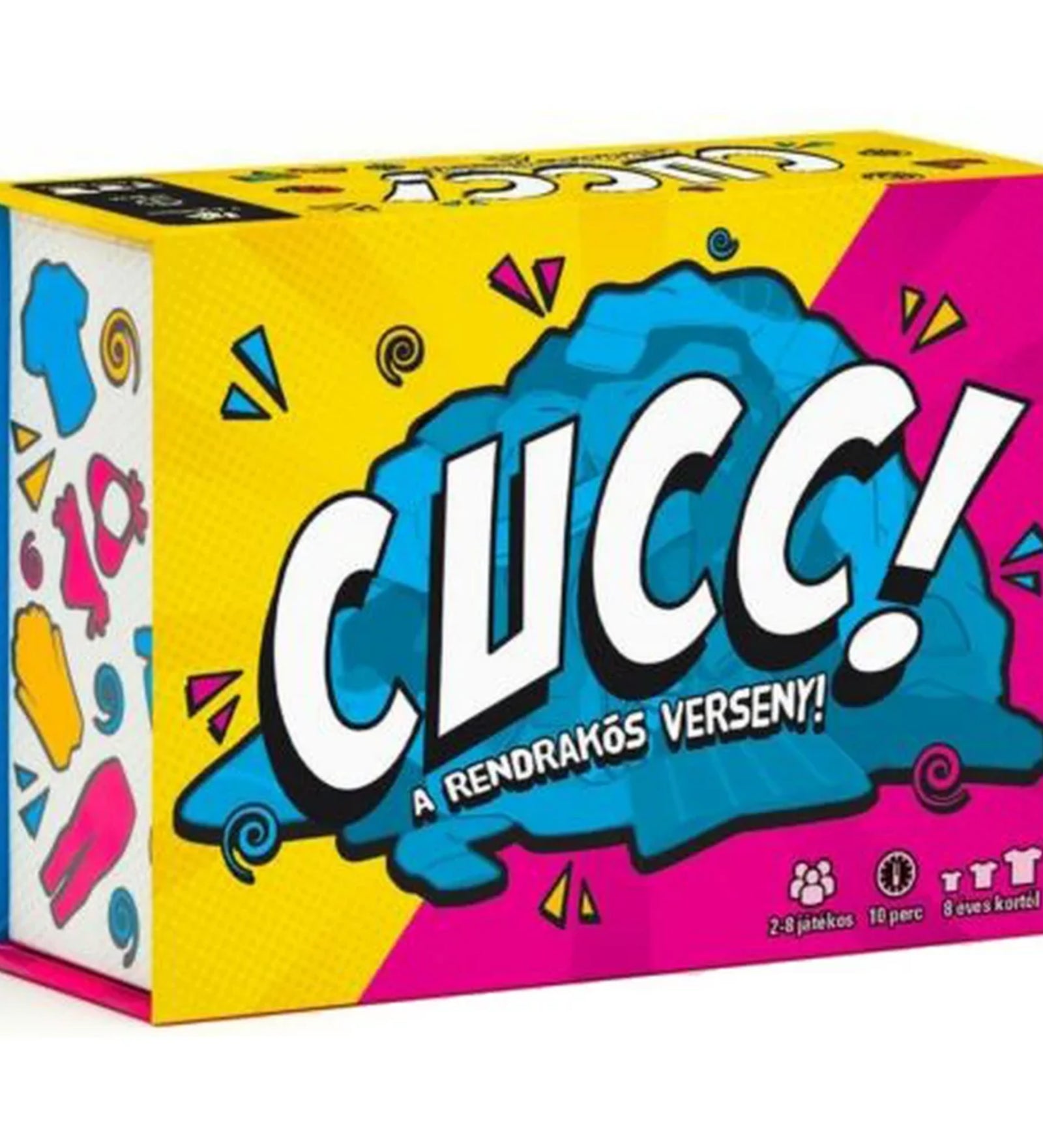 A Cucc! társasjáték színes doboza sárga és rózsaszín alapszínnel, nagy „CUCC!” felirattal és játékos ikonokkal az alsó részen.