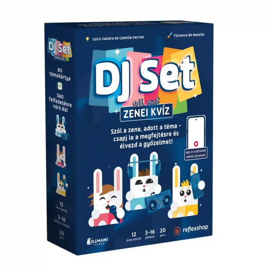 DJ Set zenei kvíz magyar nyelvű társasjáték sötétkék doboza, színes DJ Set logóval, zenélő nyuszifigurákkal és okostelefon-illusztrációval, fehér háttér előtt.