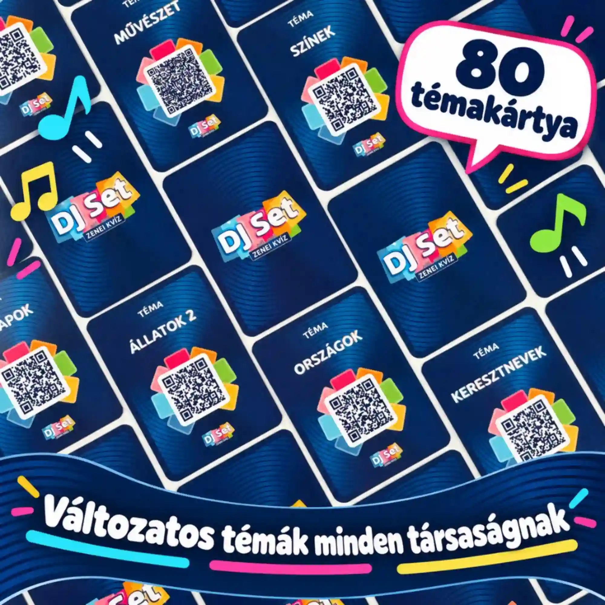 DJ Set zenei kvíz magyar nyelvű társasjáték kék témakártyái QR-kódokkal, színes hangjegyekkel és a 80 témakártyát kiemelő felirattal.