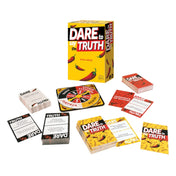 „Dare to Say the Truth 18+ társasjáték: sárga doboz chilikkel, pörgethető korong és több pakli kihívás- és igazságkártya.”