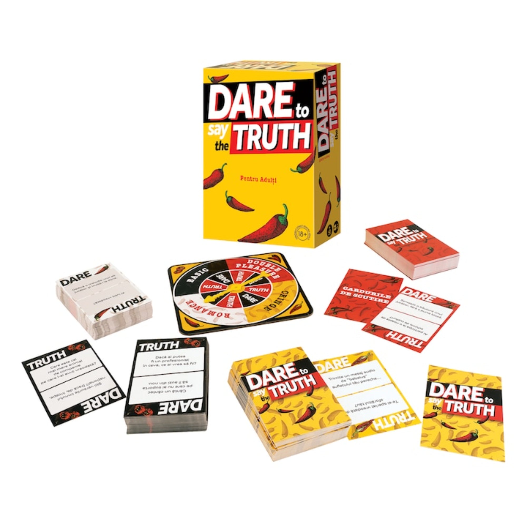 „Dare to Say the Truth 18+ társasjáték: sárga doboz chilikkel, pörgethető korong és több pakli kihívás- és igazságkártya.”