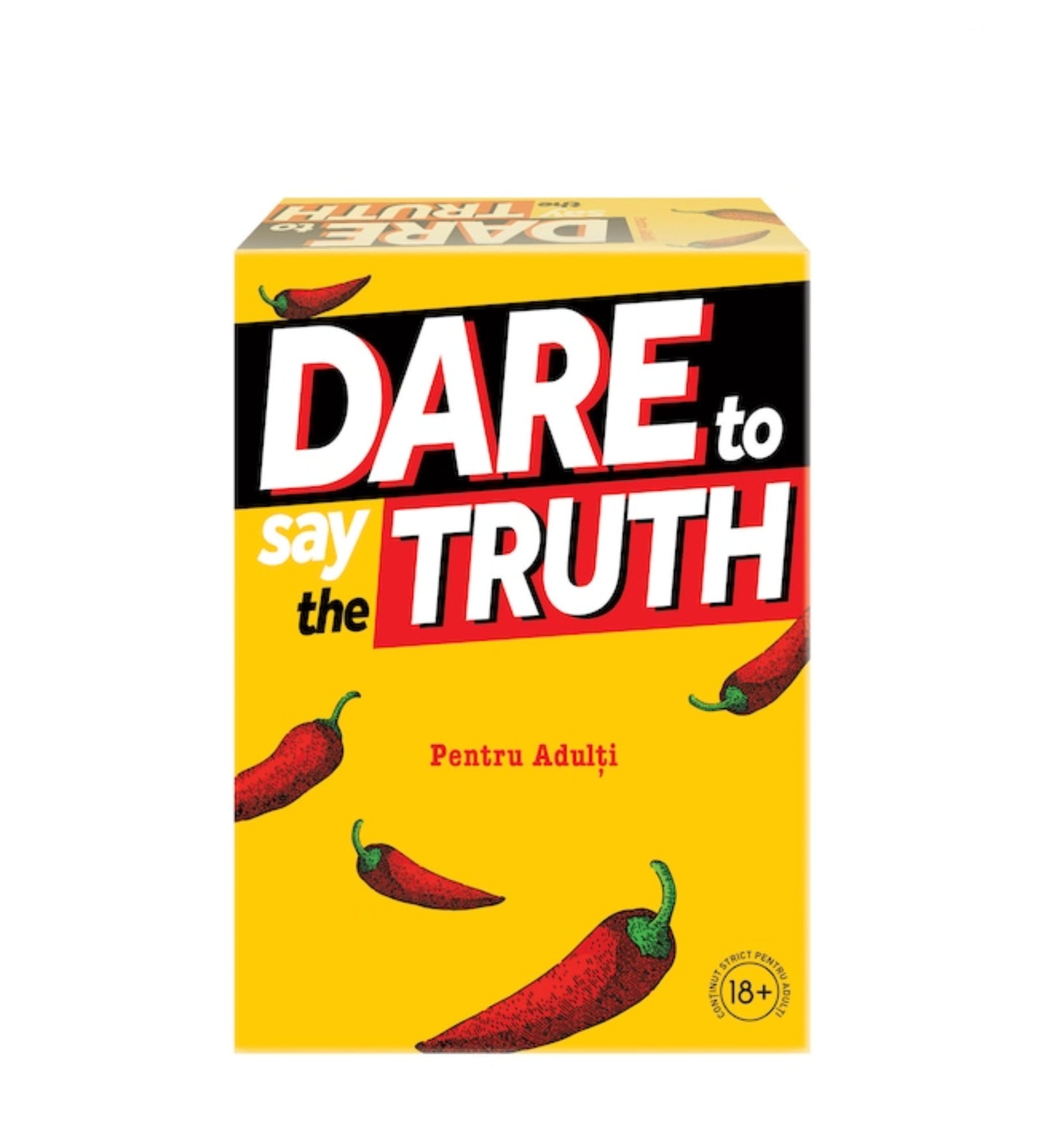 „Dare to Say the Truth doboz közelről: feltűnő sárga háttér, csípős paprika mintával és 18+ jelöléssel.”
