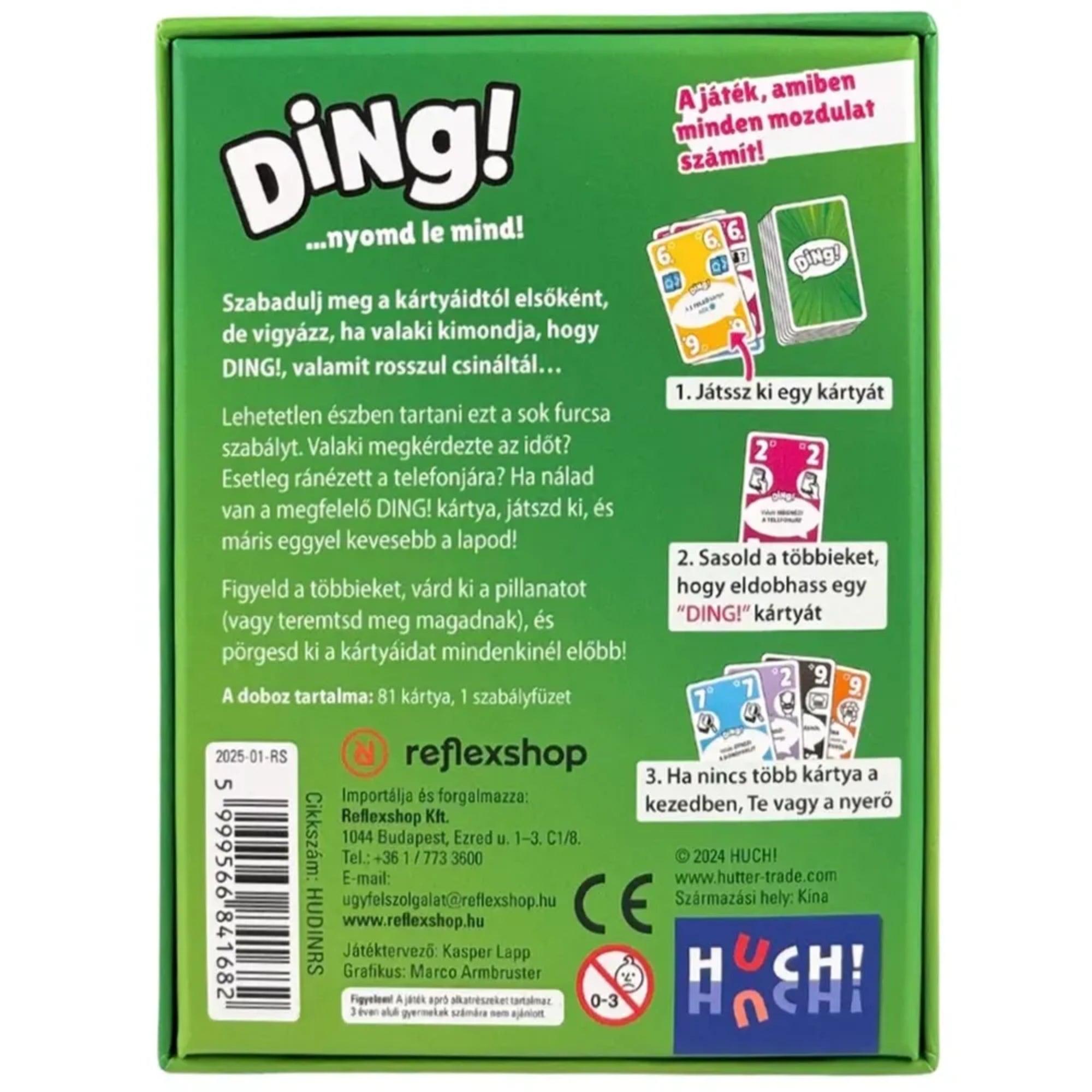 Ding! kártyajáték dobozának hátoldala, játékleírással, szabályrészletekkel és kártyapéldákkal.