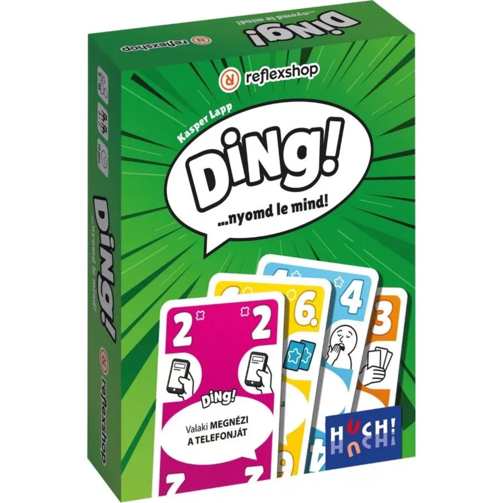 Ding! kártyajáték doboza elölnézetből, színes kártyákkal és a játék logójával.