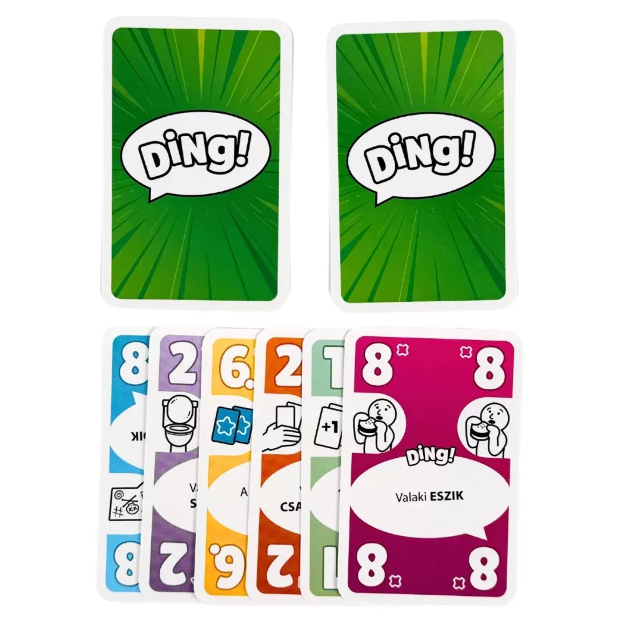 Ding! kártyajáték lapjai, zöld hátoldal és különböző akciókártyák számmal és ikonokkal.