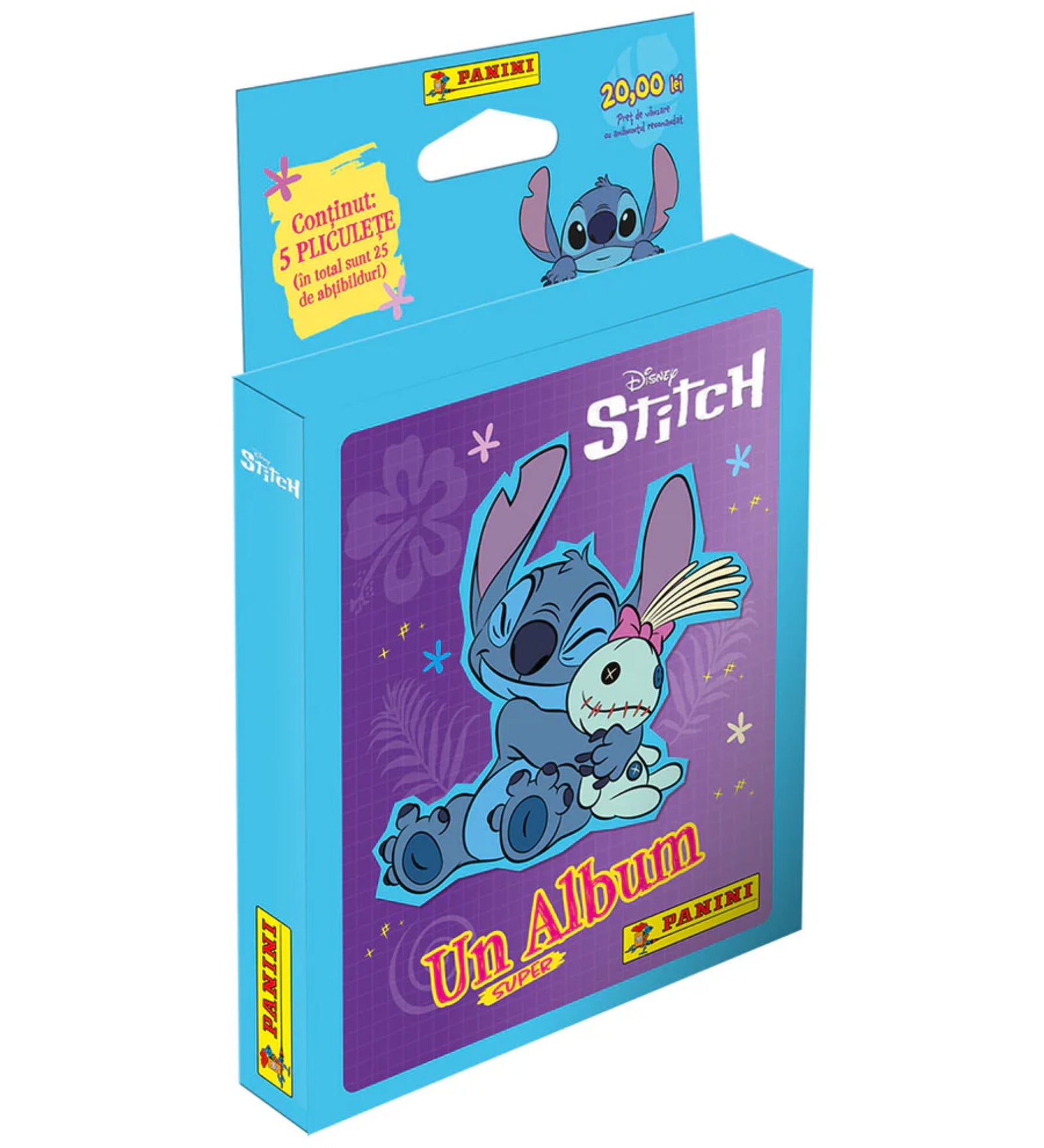 Disney Stitch – Un Album Super díszdobozos csomagolása kék háttérrel, elöl Stitch plüssjátékkal, Panini logóval és 5 matricacsomagot tartalmazó felirattal.