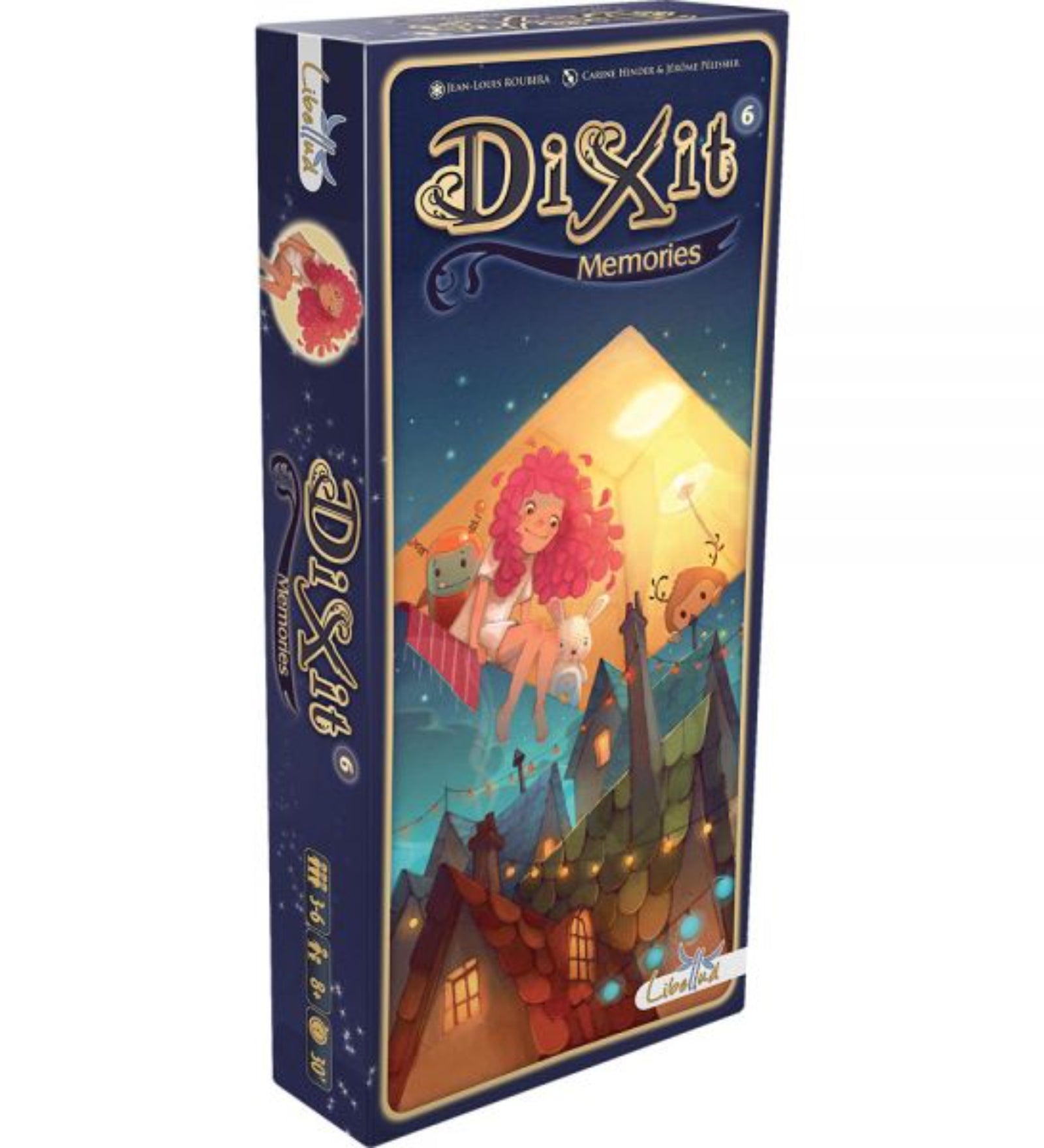 Dixit Memories társasjáték doboza, amely egy varázslatos, mesebeli jelenetet ábrázol. A borítón egy vörös hajú lány látható, aki játékokkal és plüssökkel ül egy háztetőn, miközben a háttérben csillagokkal teli éjszakai égbolt terül el. A játék 3-6 játékos számára készült, 8 éves kortól ajánlott, és körülbelül 30 perces játékidőt kínál, amely az emlékek és történetek világát hívja életre.