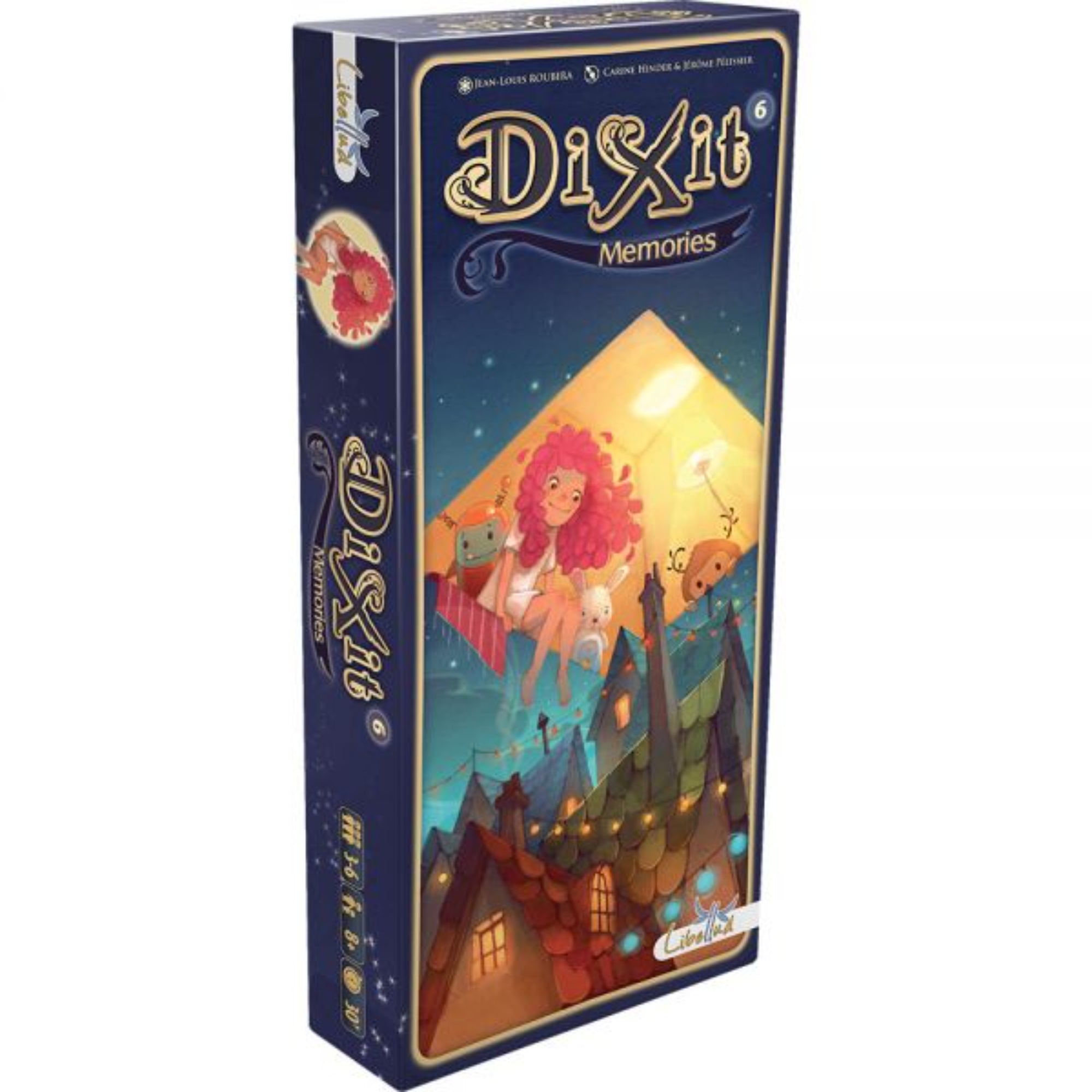 Dixit Memories társasjáték doboza, amely egy varázslatos, mesebeli jelenetet ábrázol. A borítón egy vörös hajú lány látható, aki játékokkal és plüssökkel ül egy háztetőn, miközben a háttérben csillagokkal teli éjszakai égbolt terül el. A játék 3-6 játékos számára készült, 8 éves kortól ajánlott, és körülbelül 30 perces játékidőt kínál, amely az emlékek és történetek világát hívja életre.
