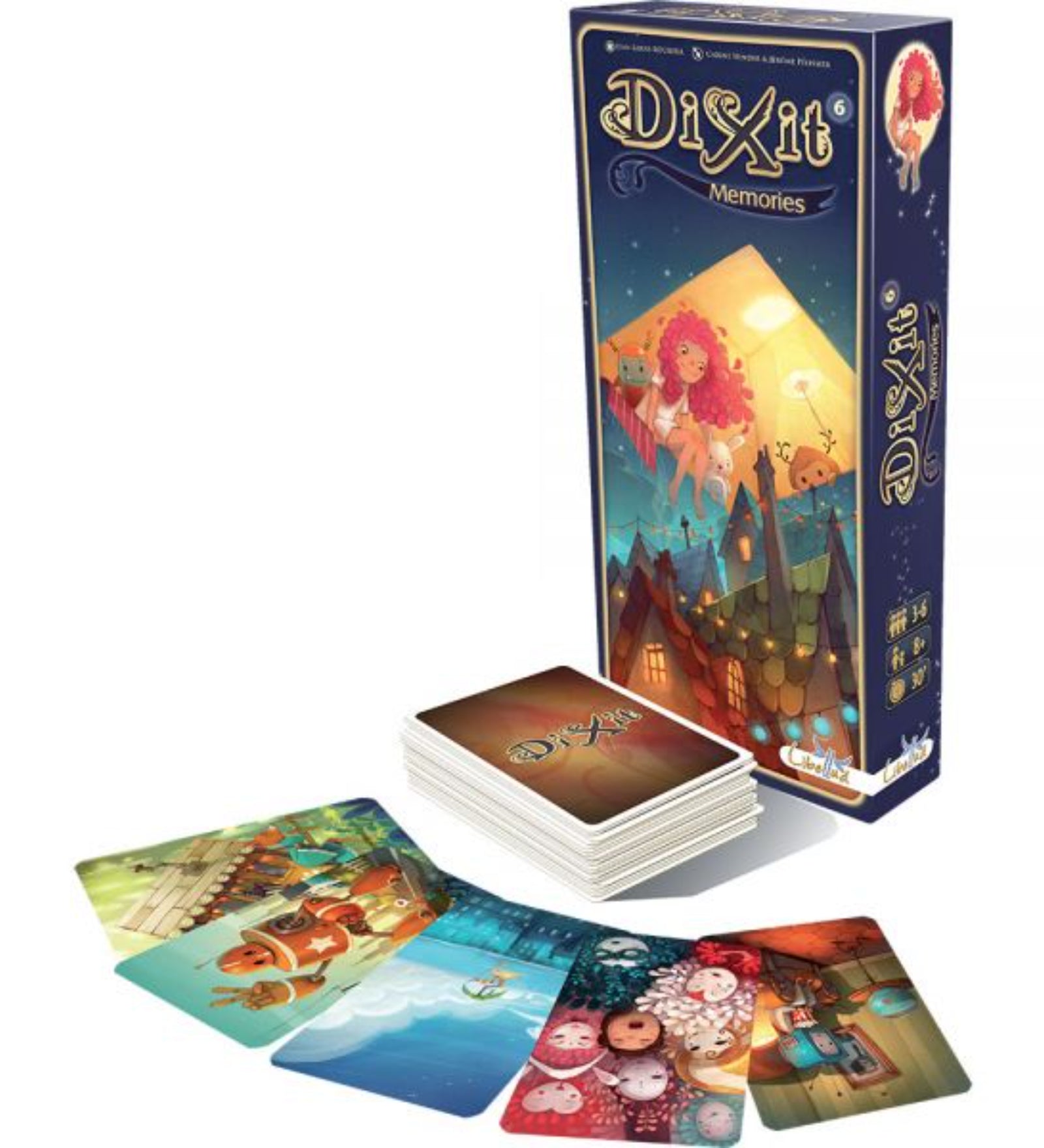 Dixit 6 Memories társasjáték doboza és a hozzá tartozó illusztrált kártyák. A dobozon egy vörös hajú lány látható, aki játékokkal ül egy háztetőn, varázslatos éjszakai égbolt alatt. A doboz előtt színes, fantáziadús képeket ábrázoló kártyák vannak elrendezve, amelyek inspirálják a kreatív történetmesélést. A játék 3-6 játékos számára készült, 8 éves kortól ajánlott, és körülbelül 30 perces játékidőt kínál.