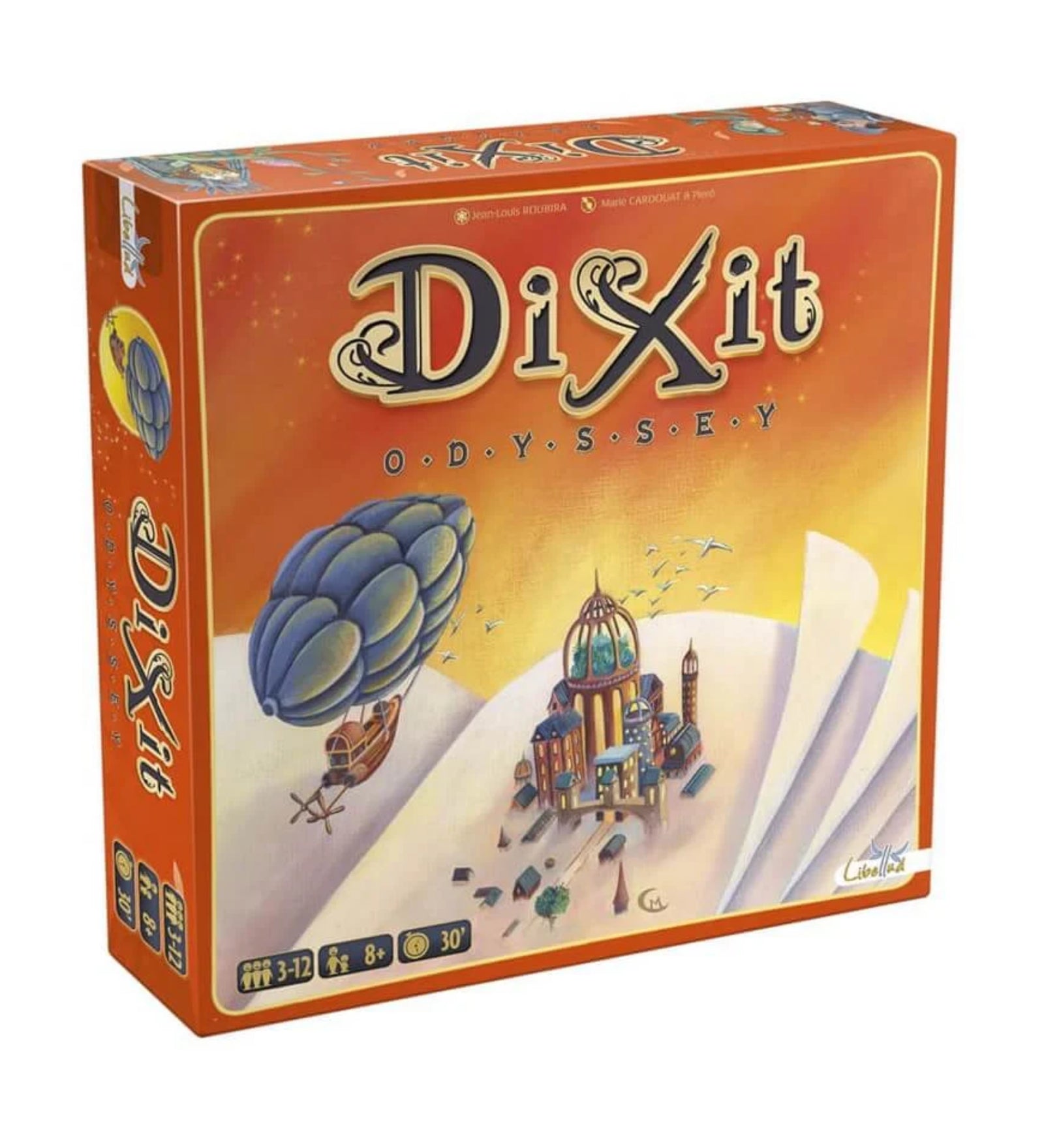 A Dixit Odyssey dobozképe, amely egy könyvből előtörő fantáziavilágot ábrázol léghajóval és képzeletbeli várossal, narancssárga tónusokkal.
