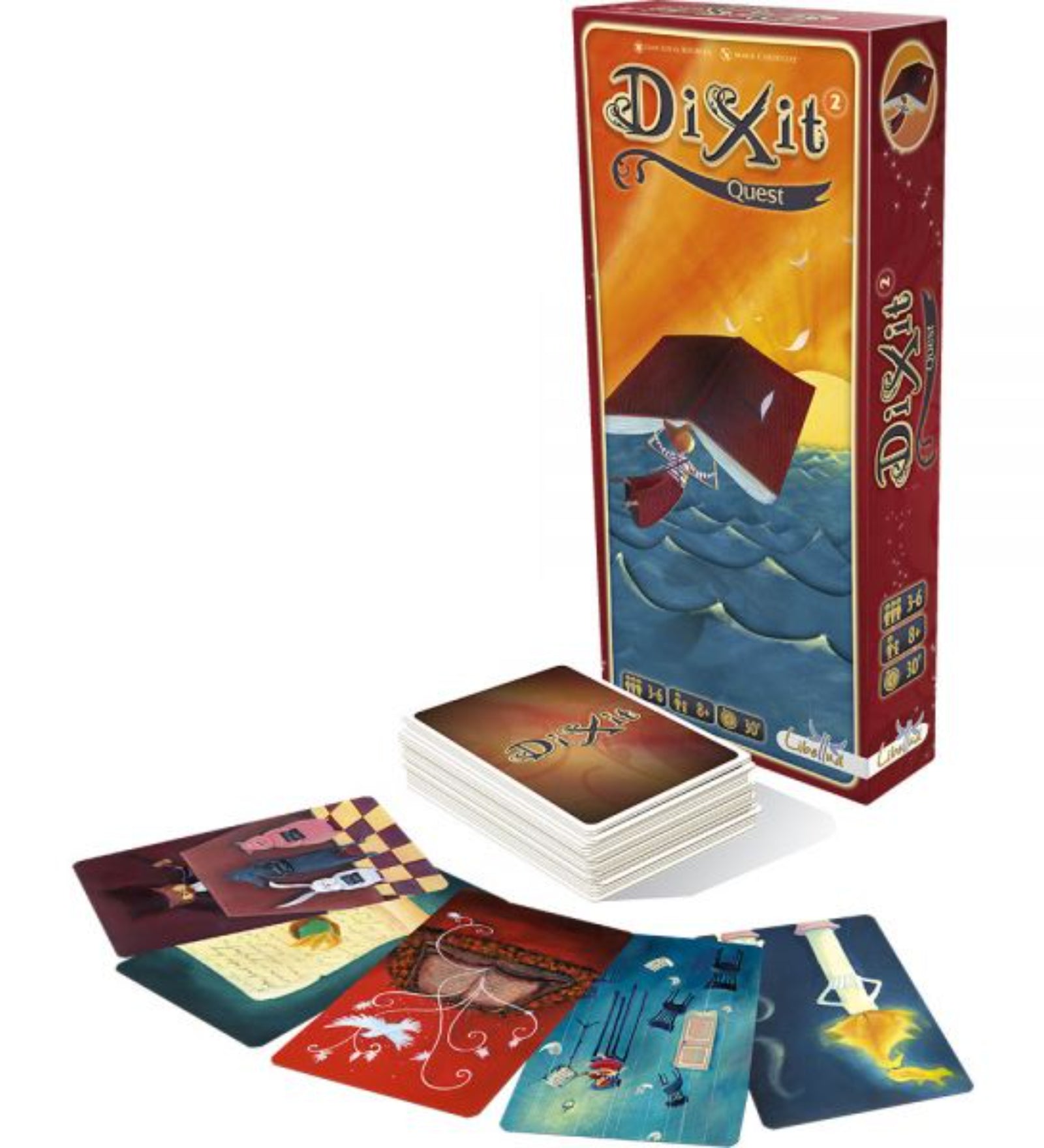 A Dixit Quest társasjáték doboza, amely mellett egy pakli játékkártya és néhány színes, fantáziadús illusztrációval ellátott kártya látható. A doboz vörös színű, és egy lebegő könyvet ábrázoló művészi grafikával díszített. A játék kártyáin változatos, képzeletgazdag képek találhatók, amelyek a játék történetmesélős jellegét hangsúlyozzák.