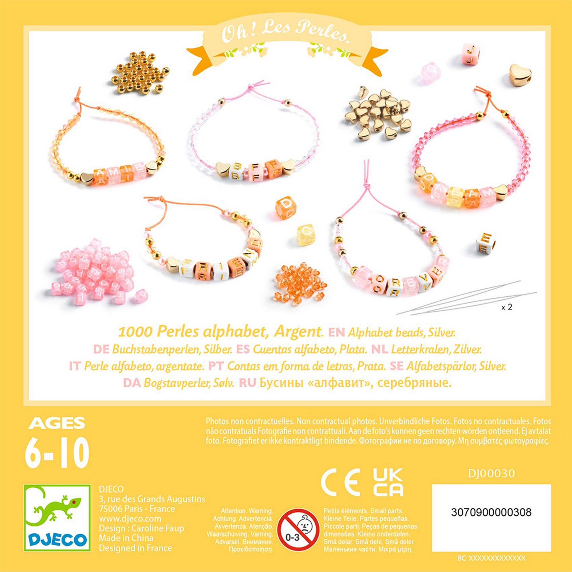 „Djeco 1000 Perles Alphabets készlet hátoldala, a gyöngyök és karkötőötletek bemutatásával.”