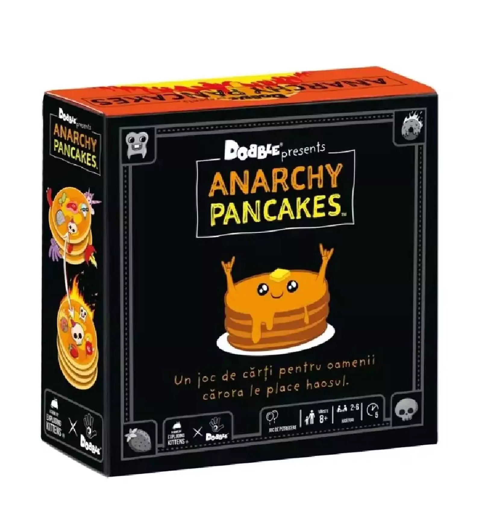  Anarchy Pancakes kártyajáték doboza, amely bemutatja a játék világát és célját, a játékosok közötti szórakoztató versenyt.