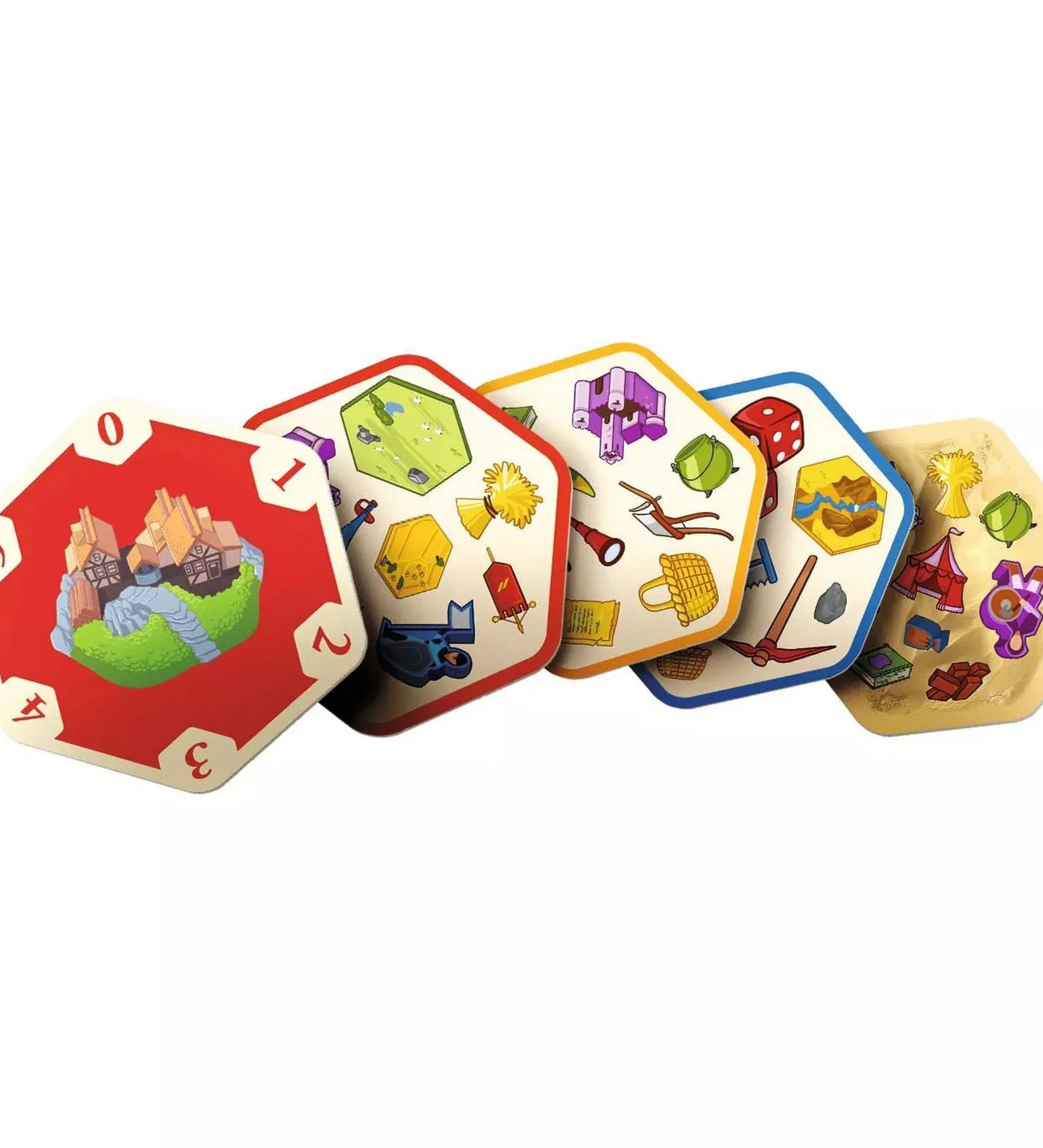 Dobble Catan hatszögletű kártyák különböző Catan témájú szimbólumokkal.