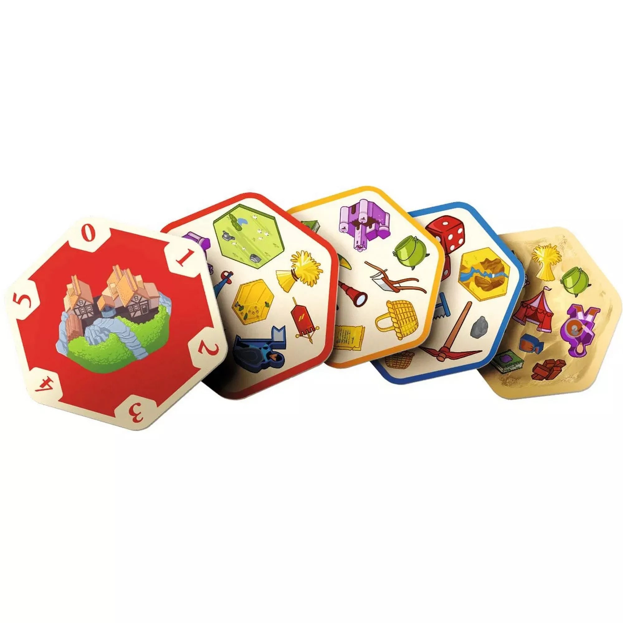 Dobble Catan hatszögletű kártyák különböző Catan témájú szimbólumokkal.