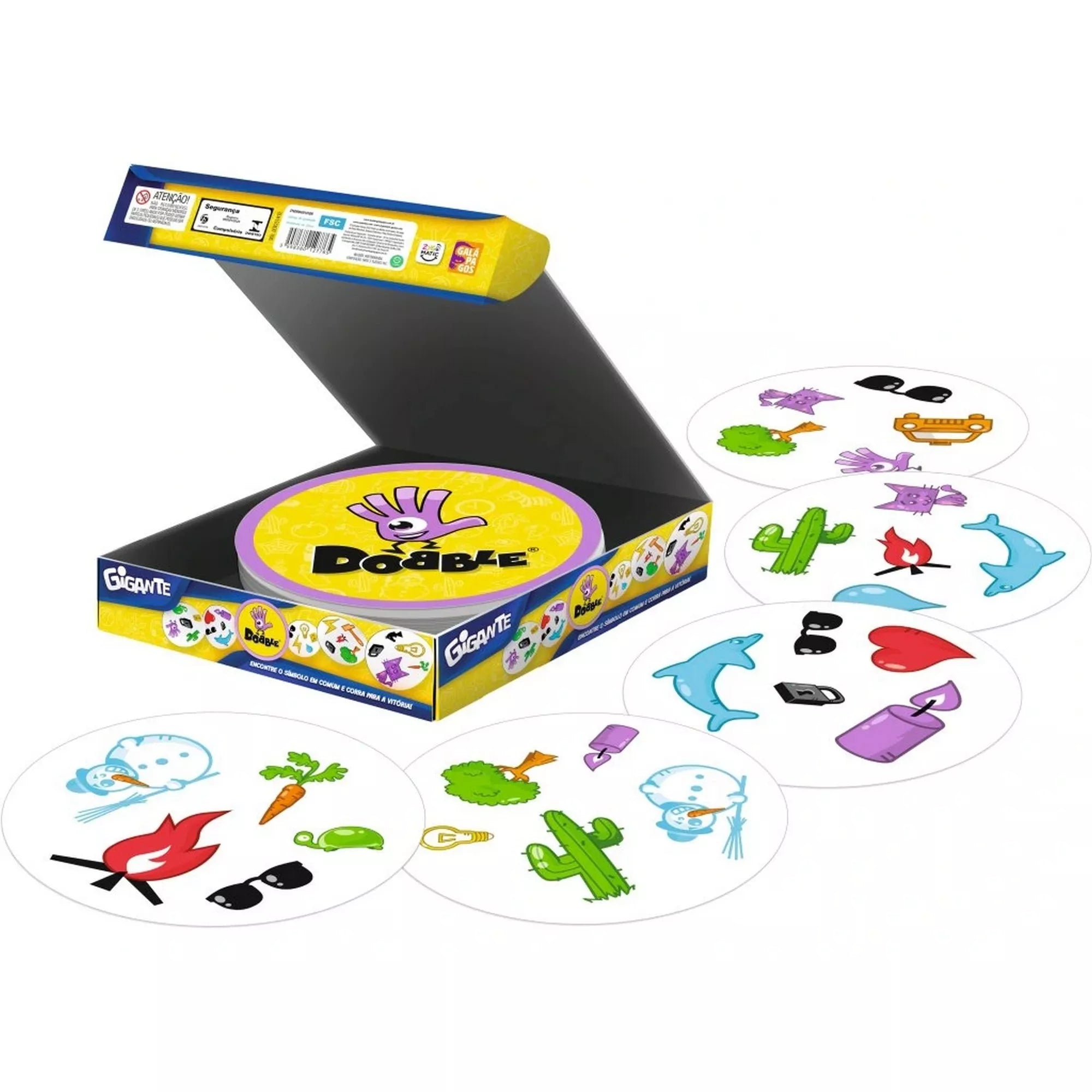 A Dobble Giant nyitott doboza, benne nagyméretű kártyákkal különböző szimbólumokkal.