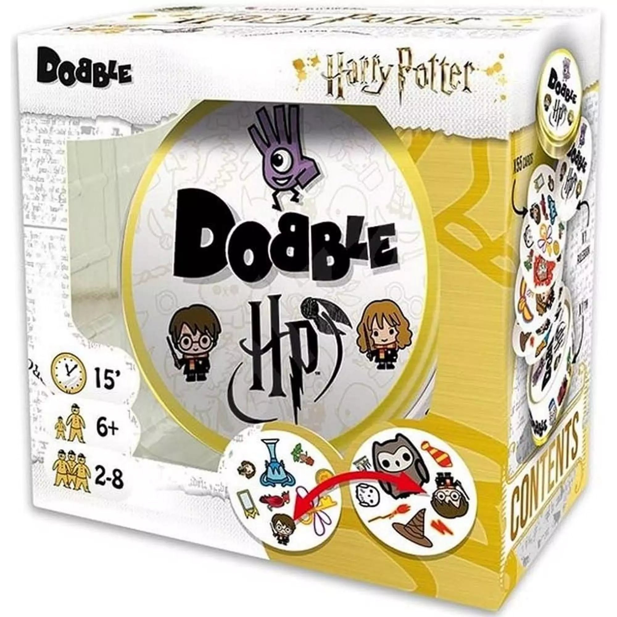  A Dobble: Harry Potter kiadásának doboza, amely tele van varázslatos ikonokkal és a híres karakterekkel.