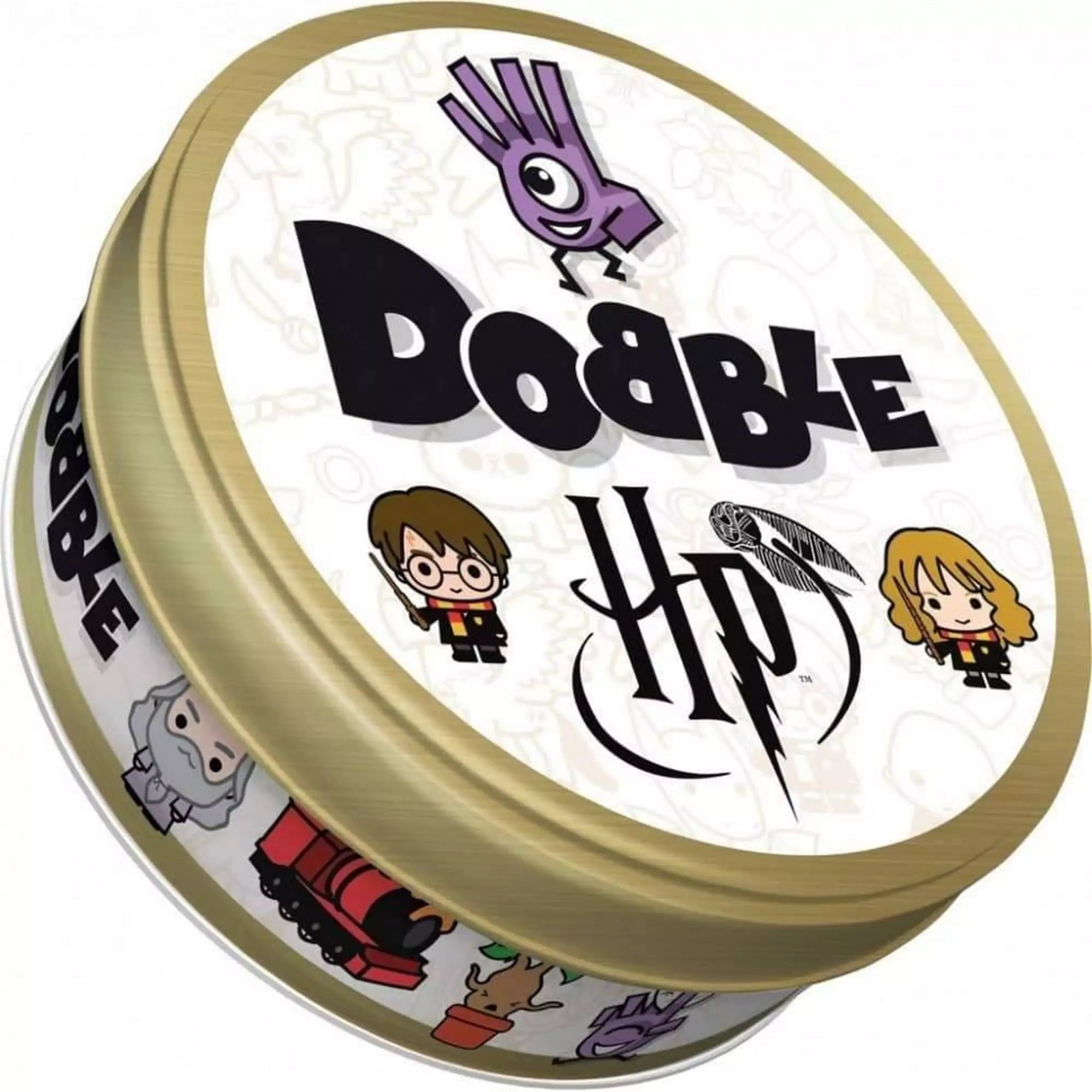 A Dobble: Harry Potter kiadásának aranyszínű fém doboza, amely ikonikus szereplőkkel és varázstárgyakkal van díszítve.