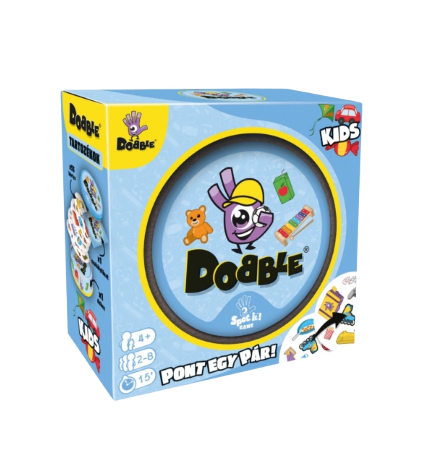 "Dobble Kids" társasjáték doboza, vidám grafikával és színes képekkel.