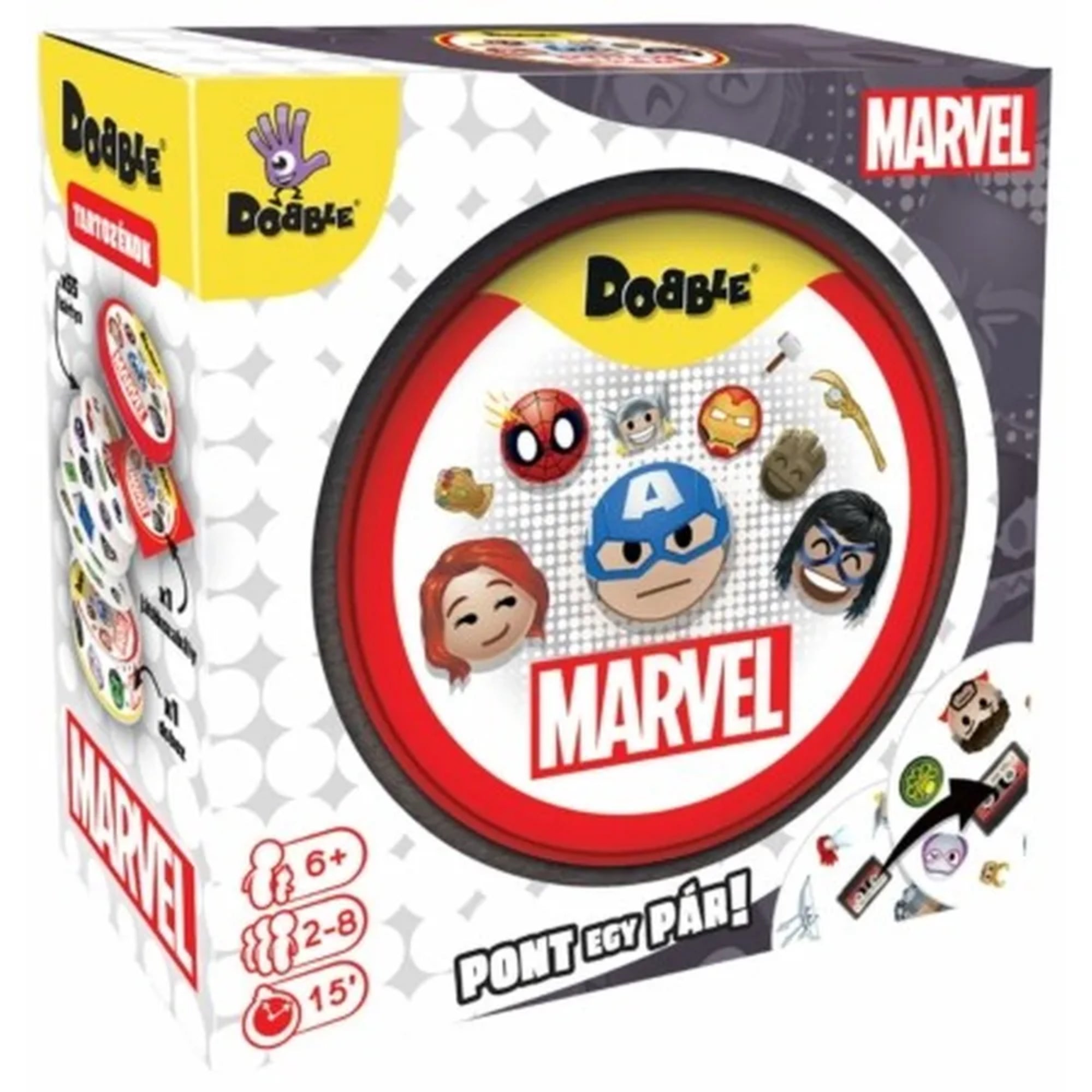 Ez a kép a Dobble Marvel társasjáték dobozát ábrázolja, amelyen ikonikus szuperhősök – mint például Pókember, Amerika Kapitány, Vasember vagy Fekete Özvegy – stilizált arcképei láthatók. A doboz piros-fehér-fekete dizájnt kapott, a középpontban a „Marvel” logóval. A bal alsó sarokban megtalálhatók a játék jellemzői is: 6 éves kortól ajánlott, 2–8 játékos részére, és egy menet kb. 15 percig tart.