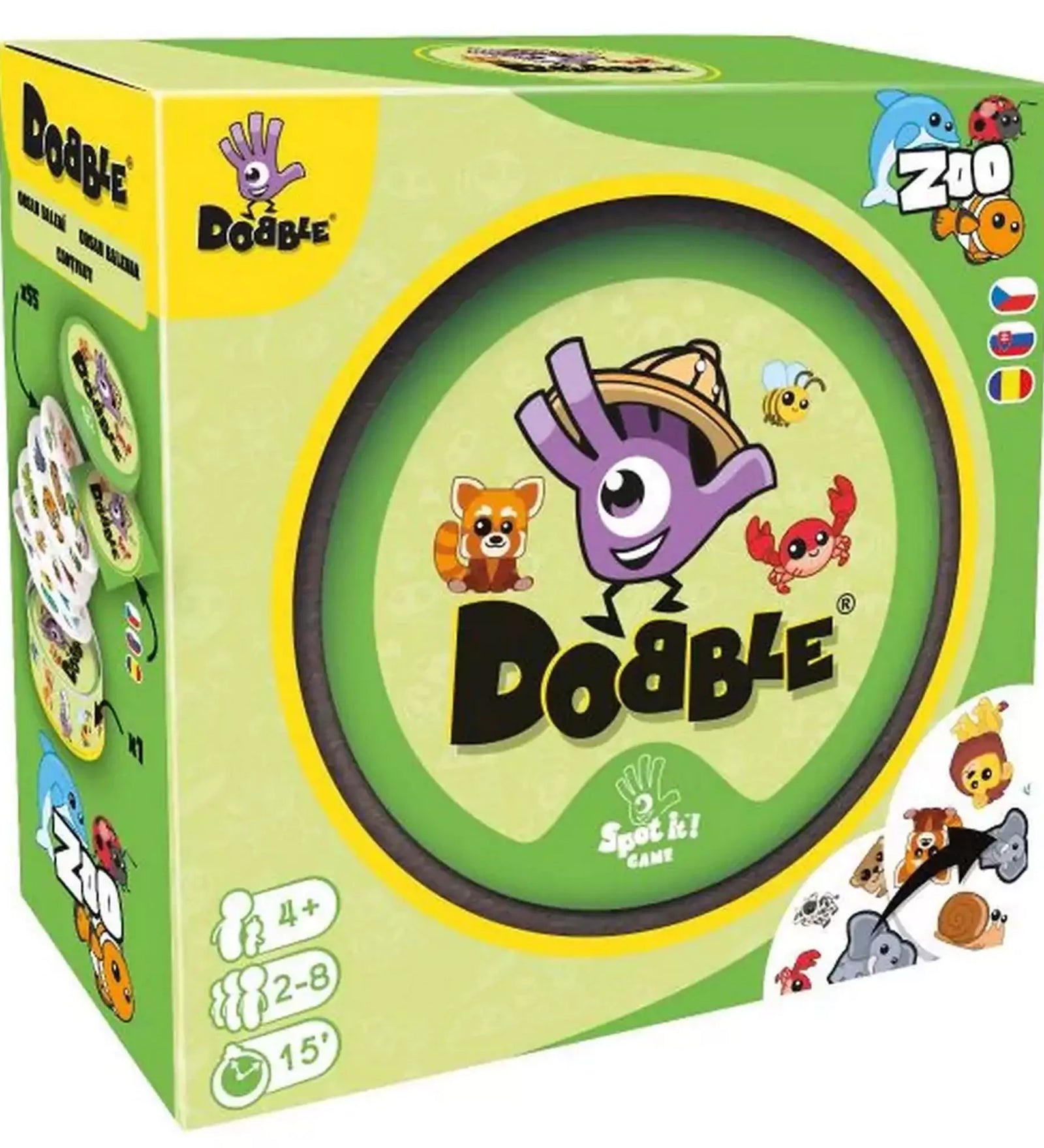 A Dobble Zoo zöld színű doboza, melyen a játék logója és állatfigurás kártyák láthatók.