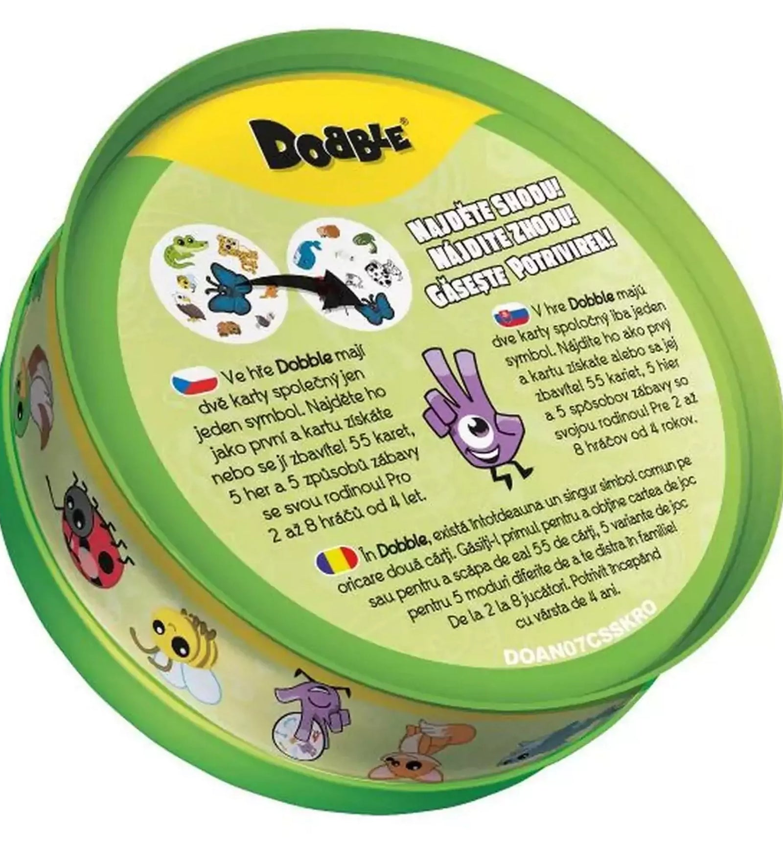 A Dobble Zoo kör alakú fém doboza, állatos szimbólumokkal és játékleírással.