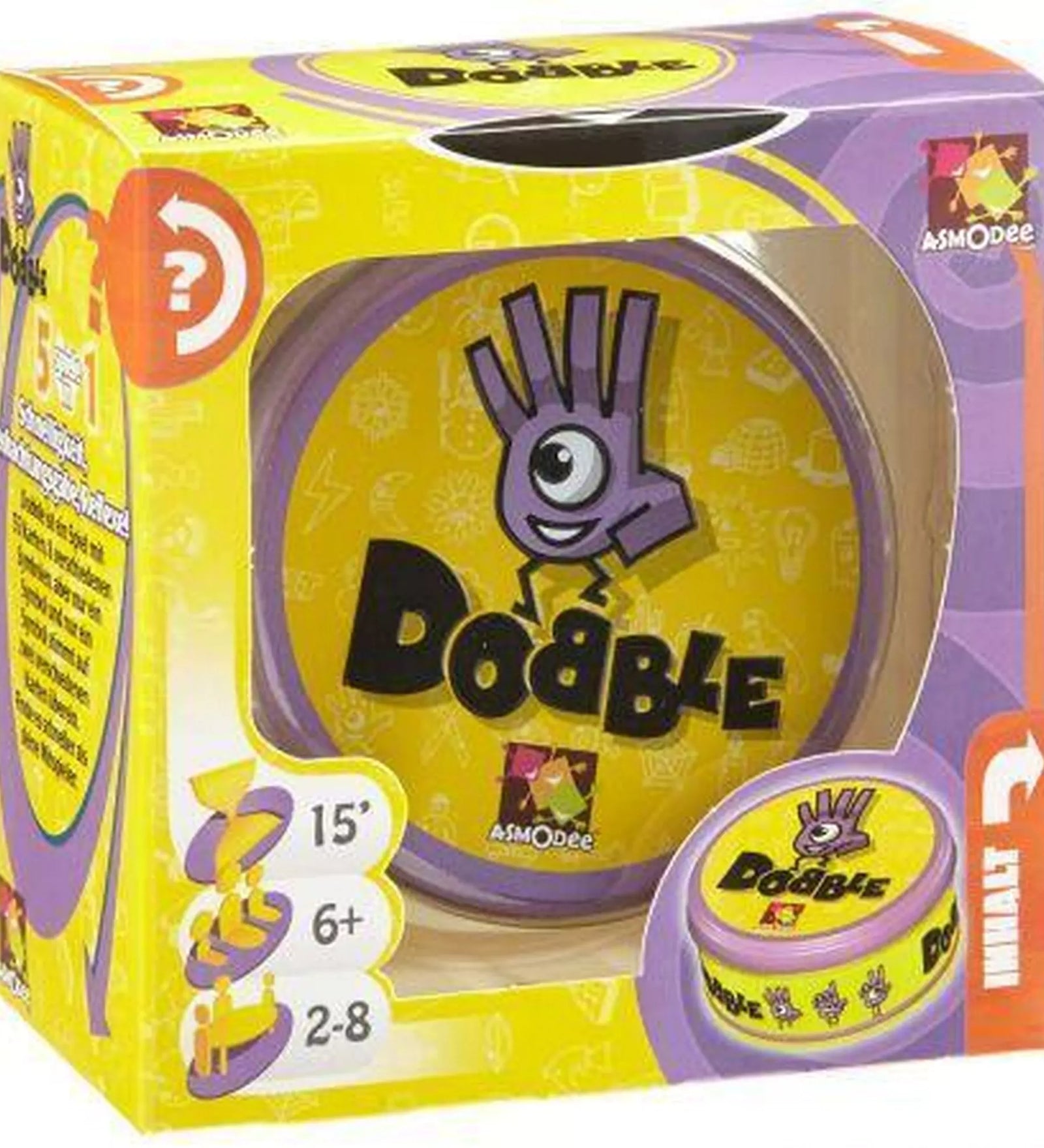 Dobble társasjáték doboza: Dobble társasjáték csomagolása, sárga, lila színekkel és a játék karakteres logójával.