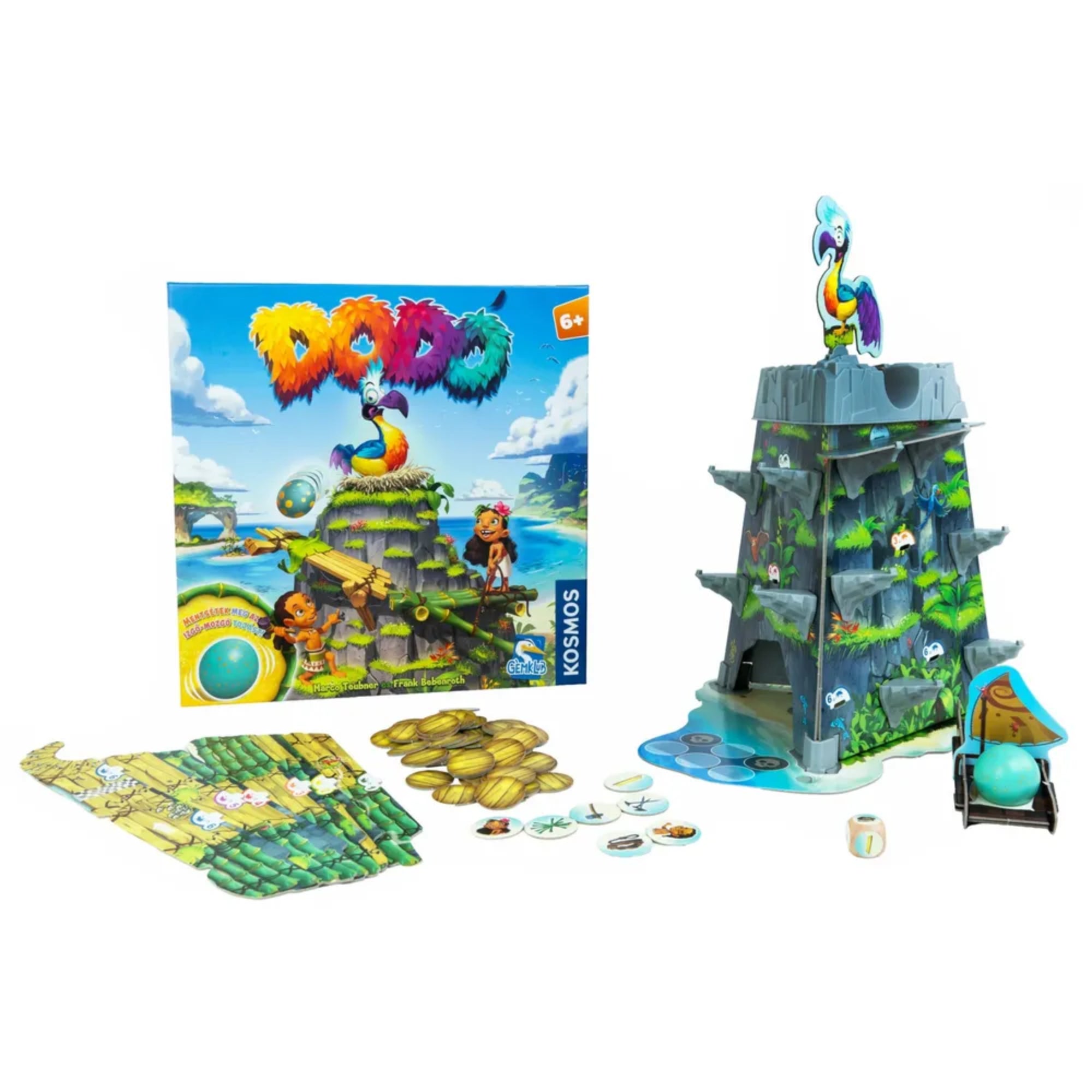 Dodo társasjáték – A doboz és a játék összes eleme együtt, torony, kártyák, jelölők és kiegészítők fehér háttéren.