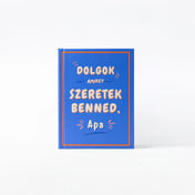 Dolgok, amiket szeretek benned, Apa kitölthető ajándékkönyv borítója, kék fedőlappal és felirattal