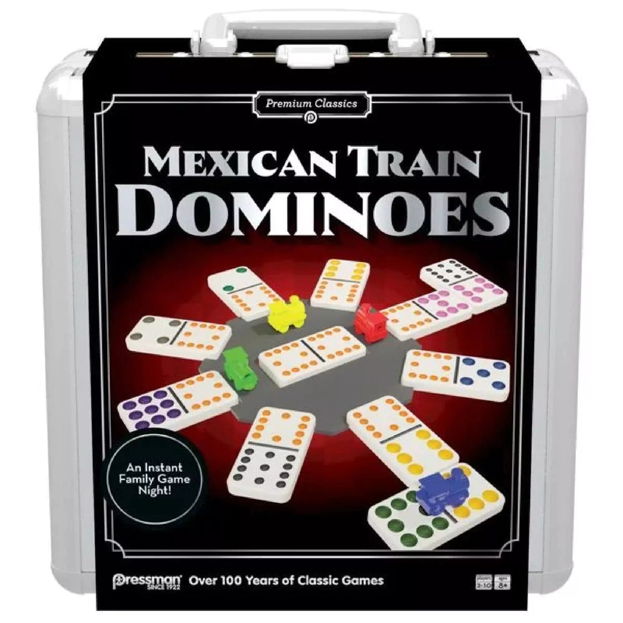 Mexican Train Dominoes társasjáték fém bőröndös csomagolása, a dobozon színes dominók és kisvonat figurák körkörösen elrendezve.