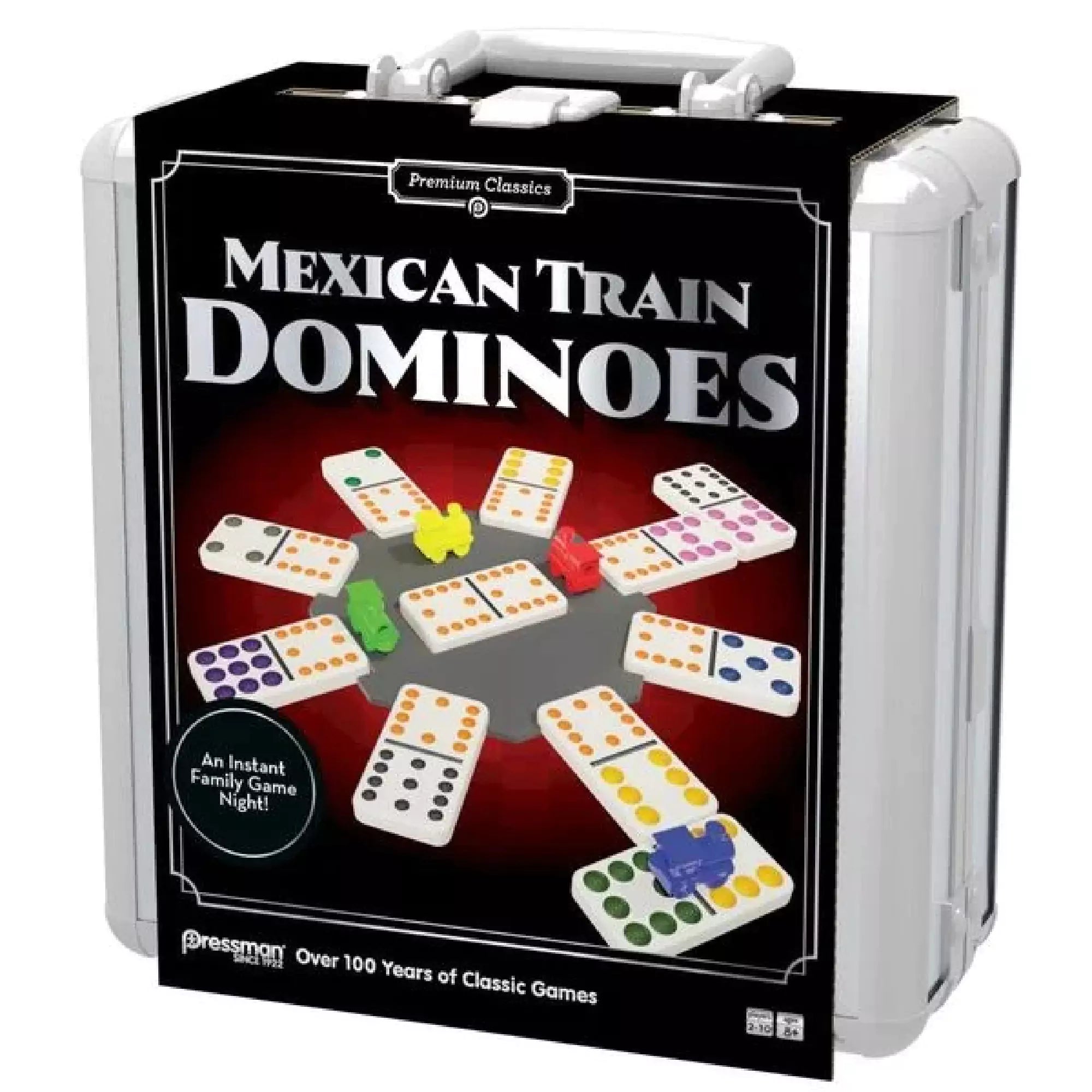 Mexican Train Dominoes játék alumínium bőröndje enyhén oldalnézetből, színes pontozású dominókkal és műanyag vonatfigurákkal a borítón.