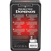 A Double Nine Dominos doboz hátoldala többnyelvű leírással és tartalomlistával, köztük angol, német, francia és olasz szöveggel.