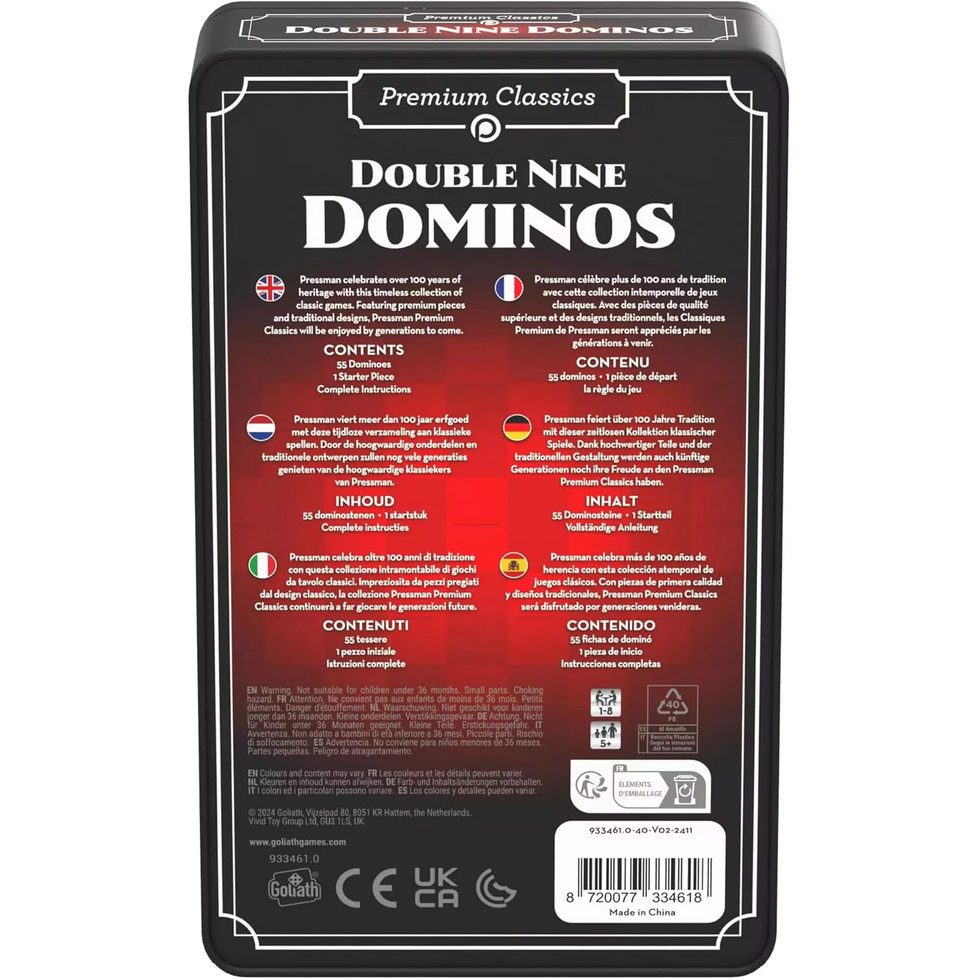 A Double Nine Dominos doboz hátoldala többnyelvű leírással és tartalomlistával, köztük angol, német, francia és olasz szöveggel.