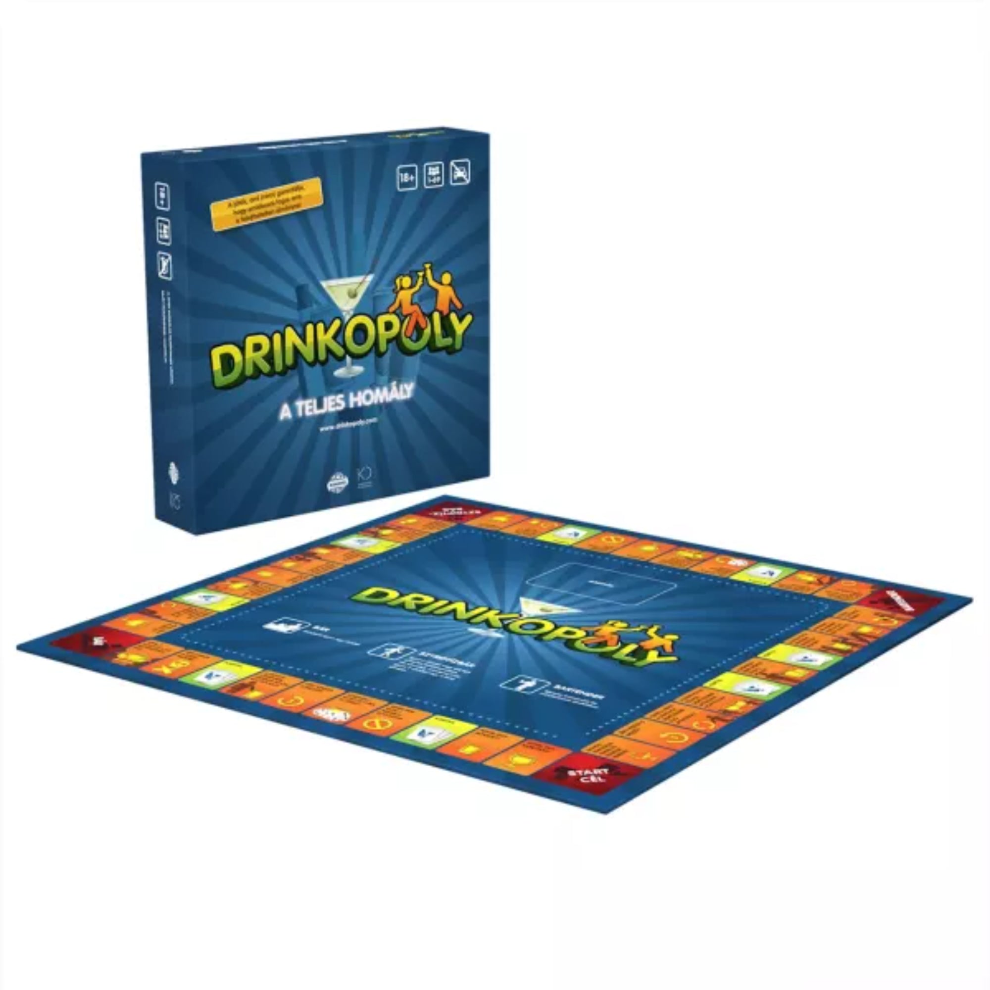 Drinkopoly – A teljes homály magyar nyelvű ivós társasjáték doboza és kiterített játéktáblája, színes mezőkkel, báros és ivós feladatokkal, 18+ partijáték felnőtteknek
