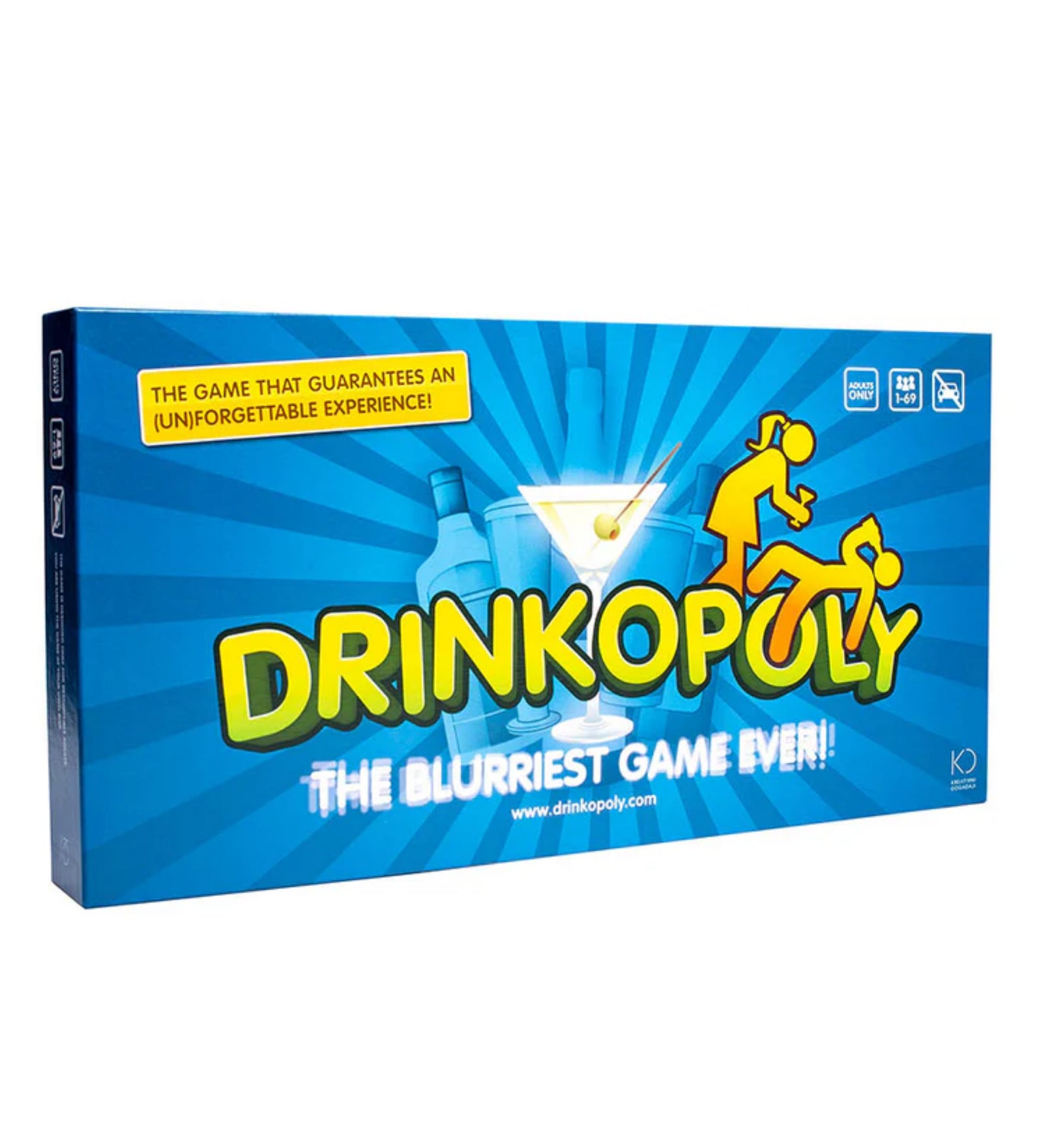 Drinkopoly angol nyelvű társasjáték doboza oldalnézetből, kék alapszínű dizájnnal, „The Blurriest Game Ever!” felirattal és pohár grafikával, felnőtteknek ajánlva.