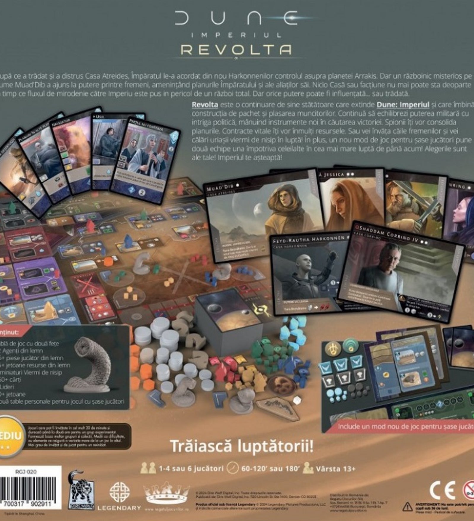 Dune: Imperiul – Revolta társasjáték dobozának előlapja, ikonikus sivatagi illusztrációval, homokféreggel és a Dűne univerzum politikai–katonai konfliktusait megidéző hangulattal
