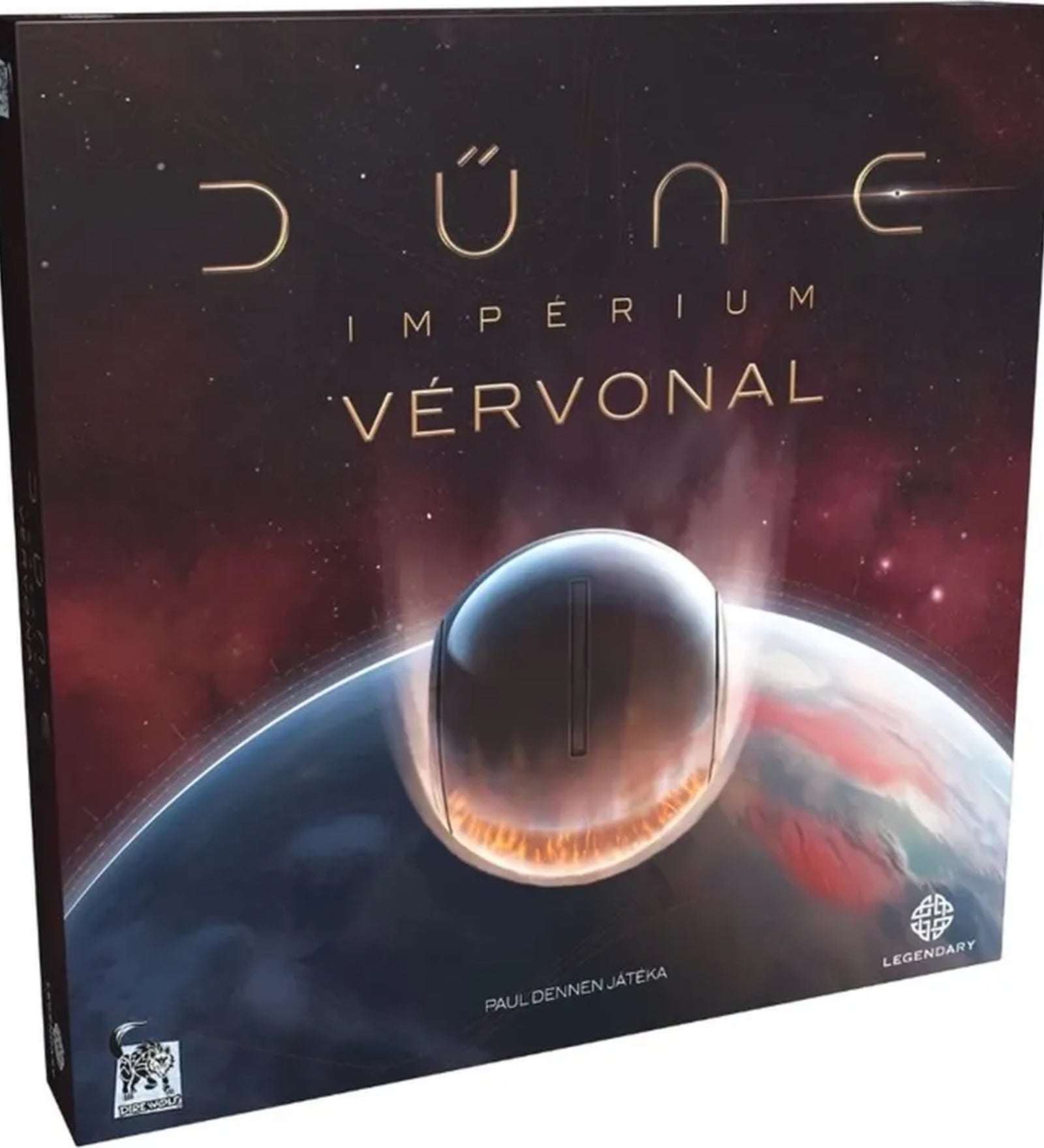 Dűne: Impérium – Vérvonal kiegészítő doboza, amelyen a Dűne univerzum jellegzetes sci-fi látványvilága jelenik meg bolygóval és űrbéli szimbólummal.