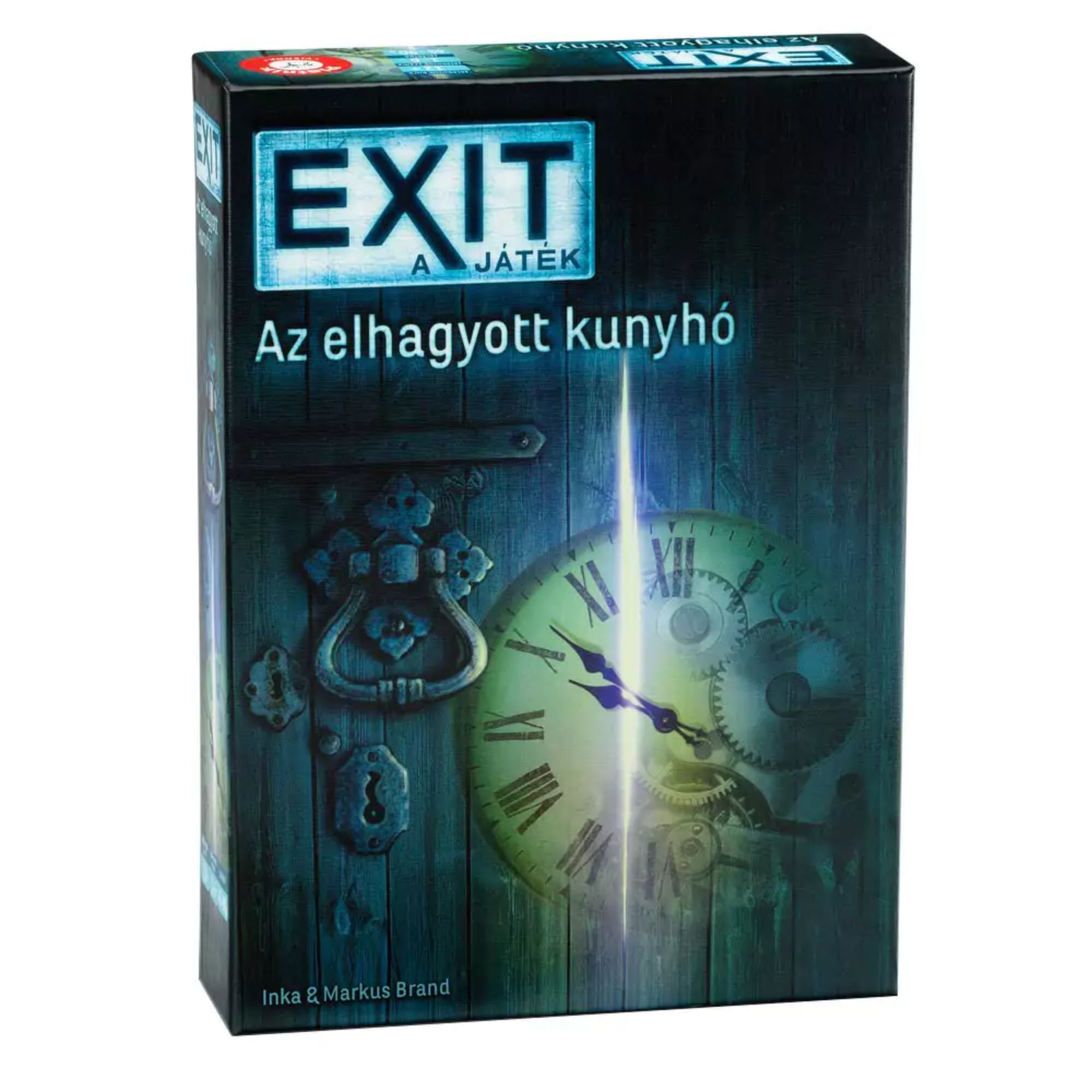 Az EXIT – Az elhagyott kunyhó társasjáték doboza, amelyen egy sötét faház ajtaja látható reteszekkel és egy világító órával, misztikus hangulatot sugározva.