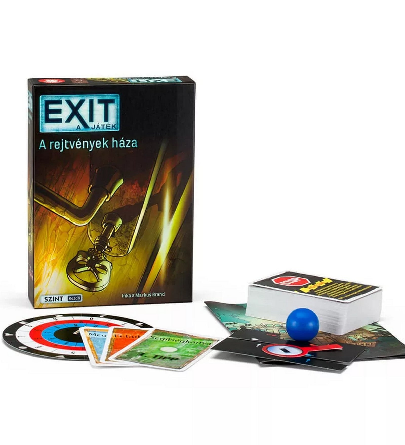 „EXIT – A rejtvények háza társasjáték tartalma: játékszabály, kártyapakli, dekódtárcsa, kék gömb és egyéb játékelemek a doboz mellett.”