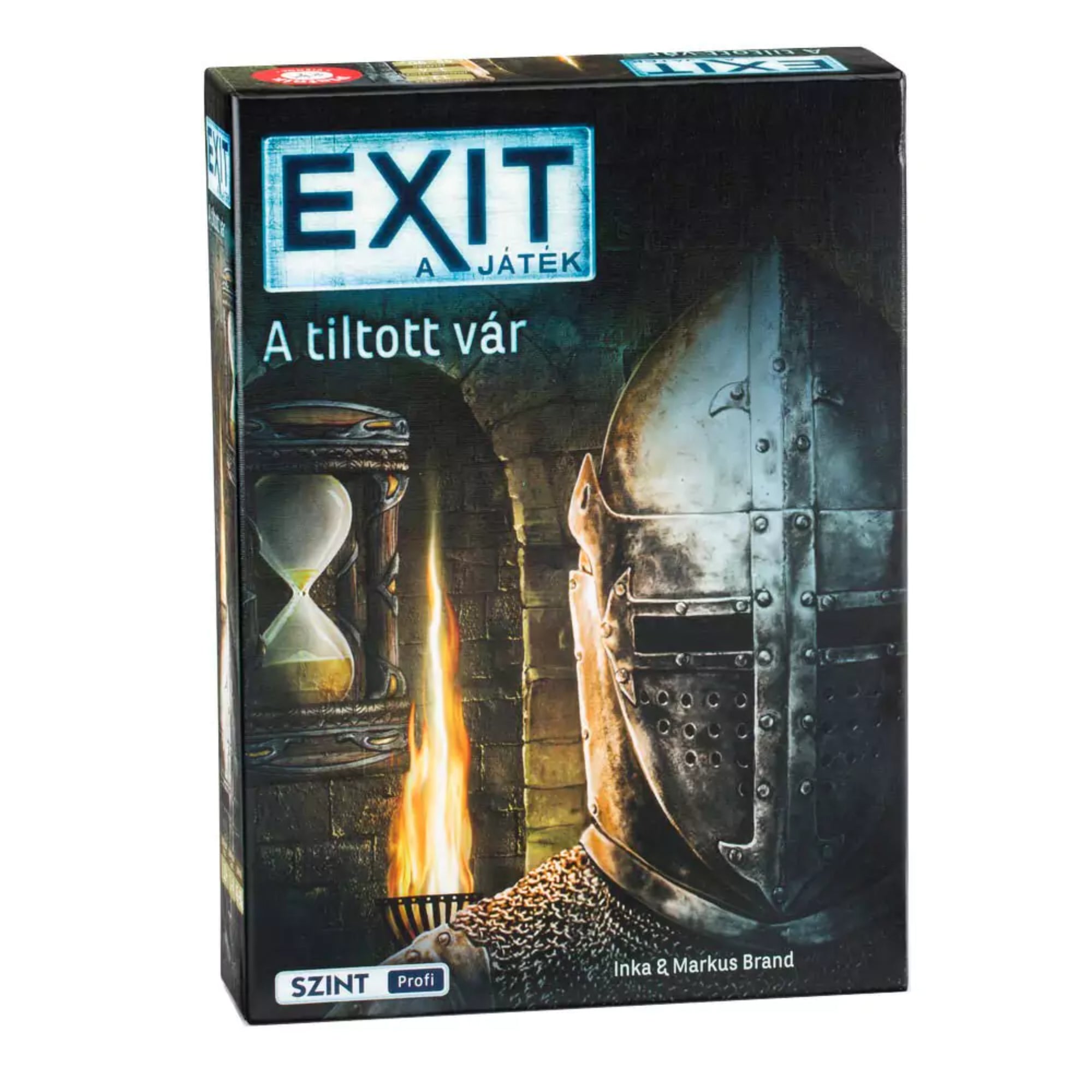 Az EXIT: A játék – A tiltott vár doboza, amelyen egy középkori páncélos sisakos lovag látható háttérben egy égő fáklyával és egy homokórával.
