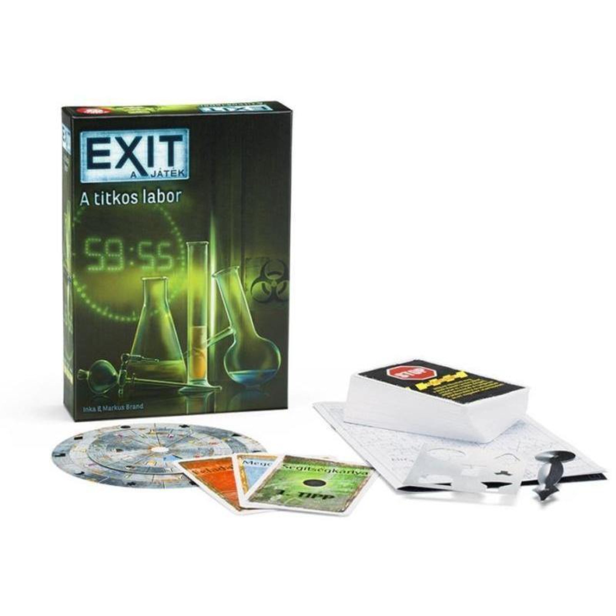 EXIT: A titkos labor társasjáték tartozékai: dekódertárcsa, különféle kártyák és segédeszközök, a háttérben a játék dobozával.