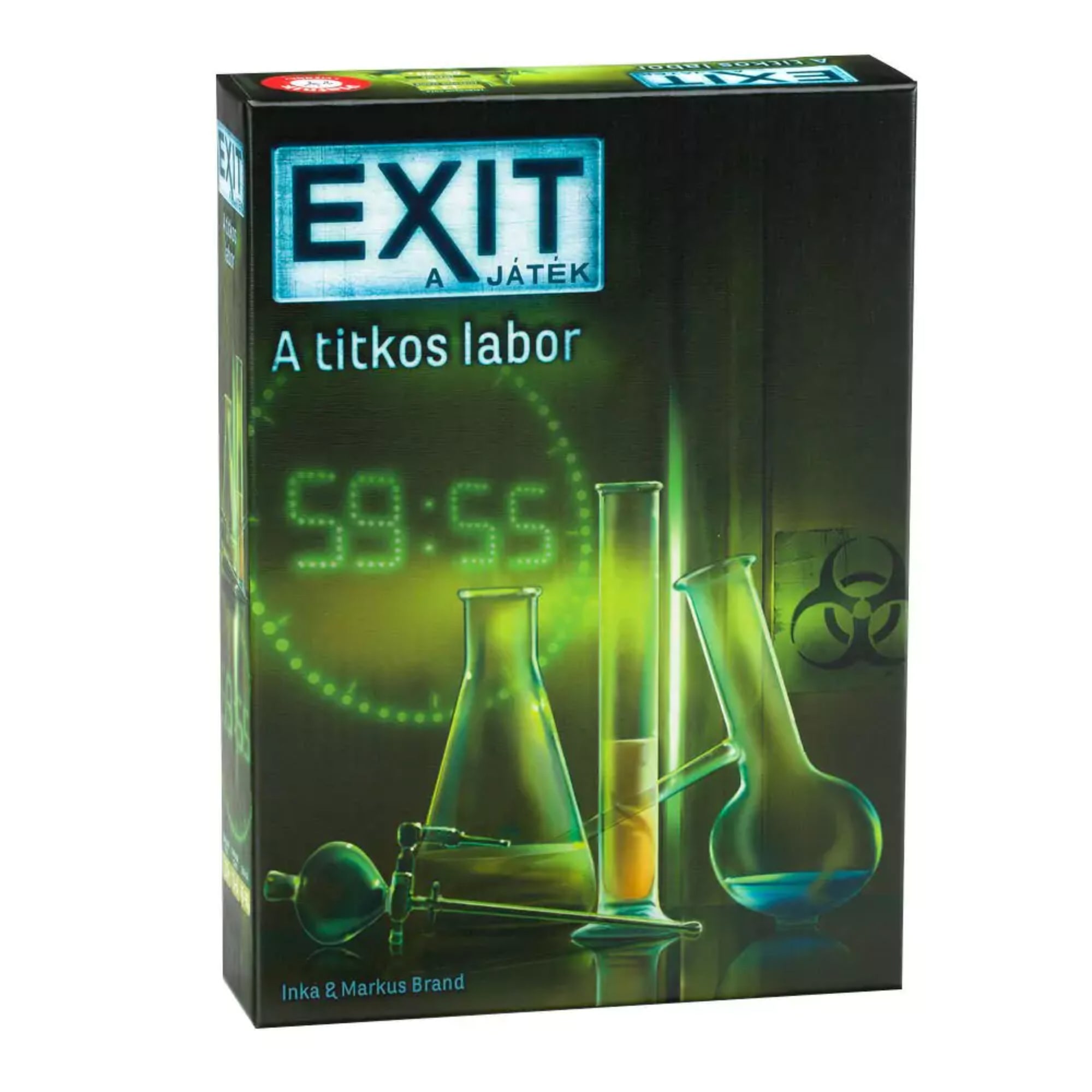 EXIT: A titkos labor társasjáték doboza, rajta lombikokkal, kémcsövekkel és egy 59:55-öt mutató digitális időzítővel.