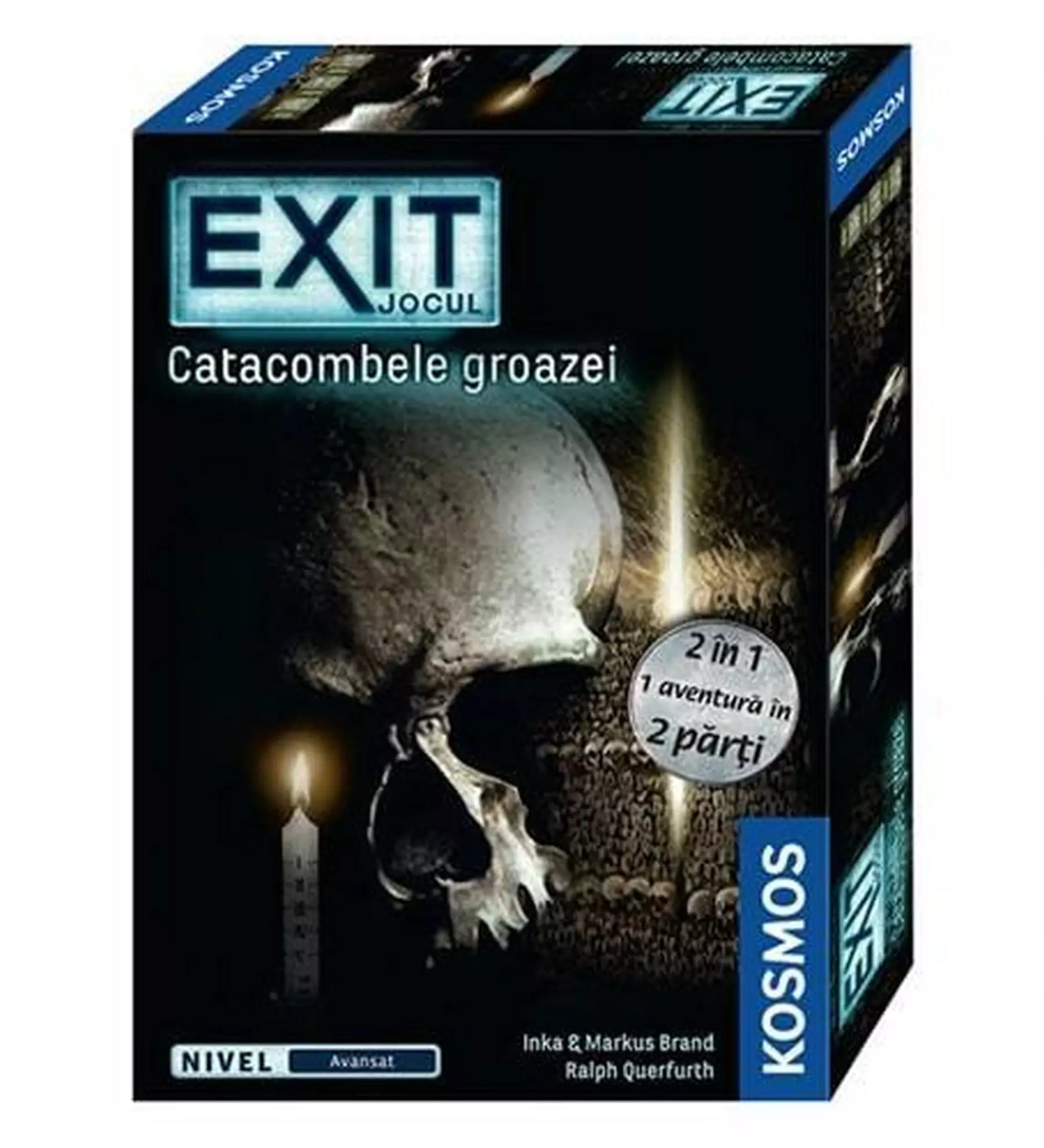 Az „EXIT – Catacombele groazei” társasjáték román nyelvű doboza, sötét háttérrel, egy koponyával, csontfallal és égő gyertyával, a borzongató katakombák hangulatát idézve.