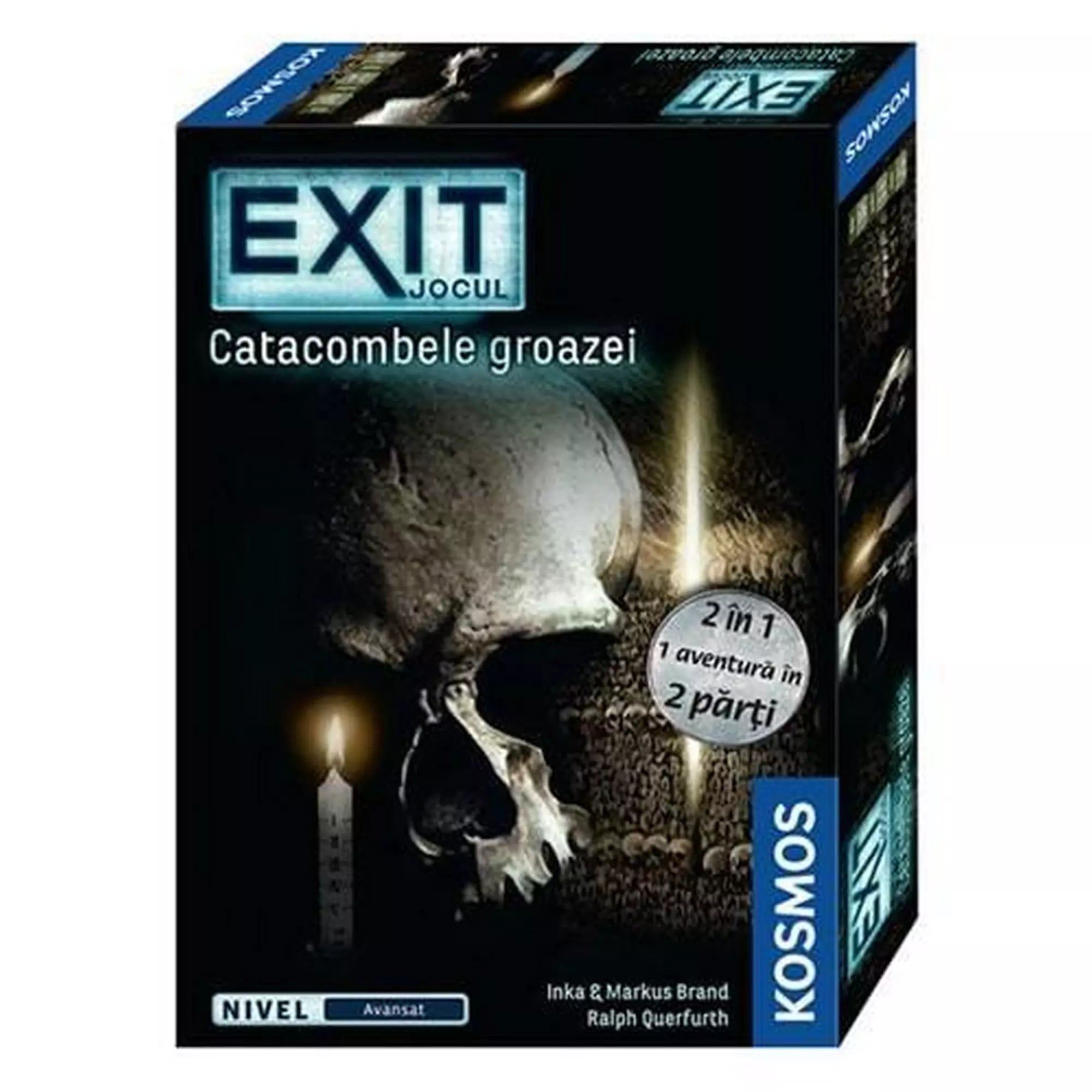 Az „EXIT – Catacombele groazei” társasjáték román nyelvű doboza, sötét háttérrel, egy koponyával, csontfallal és égő gyertyával, a borzongató katakombák hangulatát idézve.