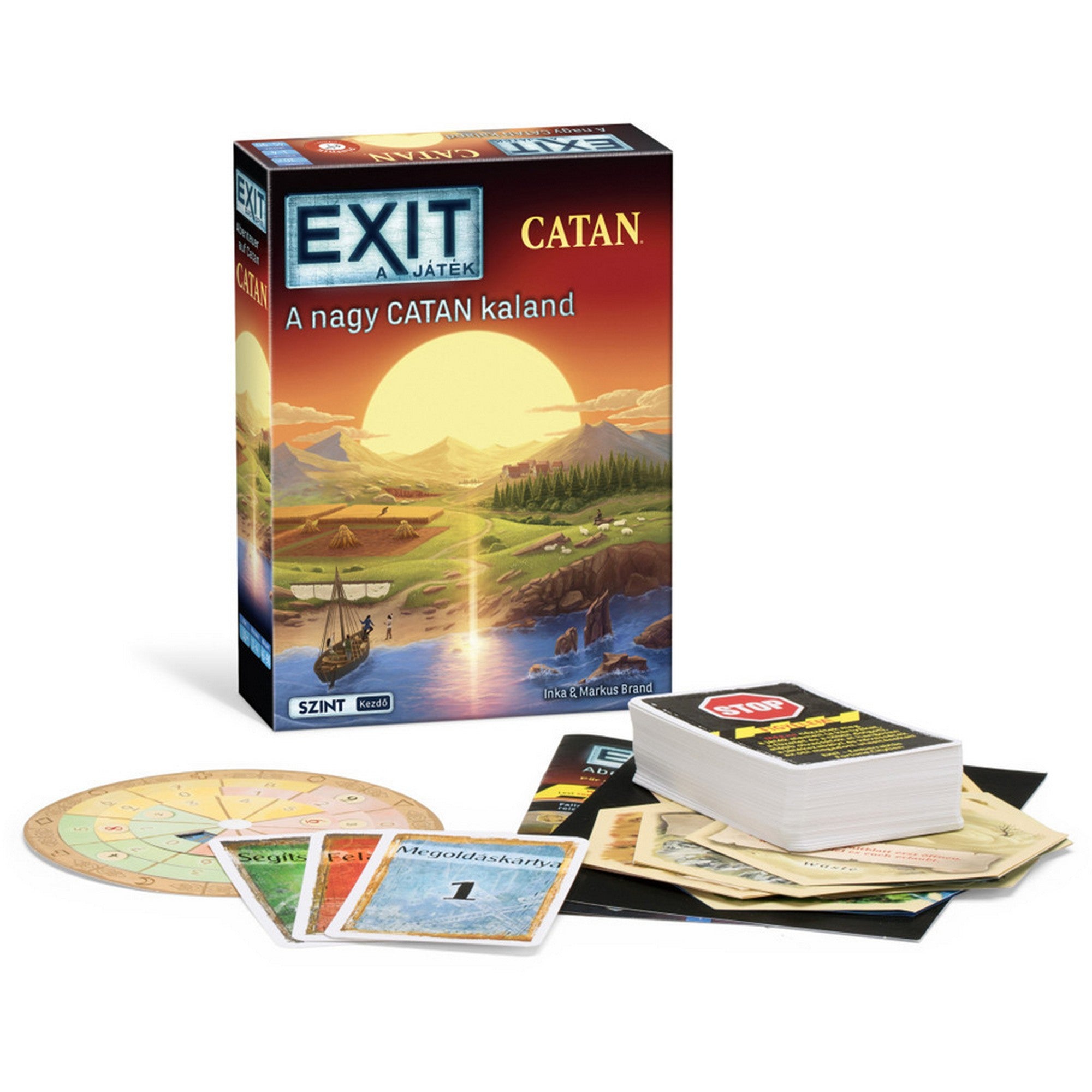 EXIT – A nagy CATAN kaland társasjáték doboza és játékelemei, kártyák, korong és kiegészítők kibontva.