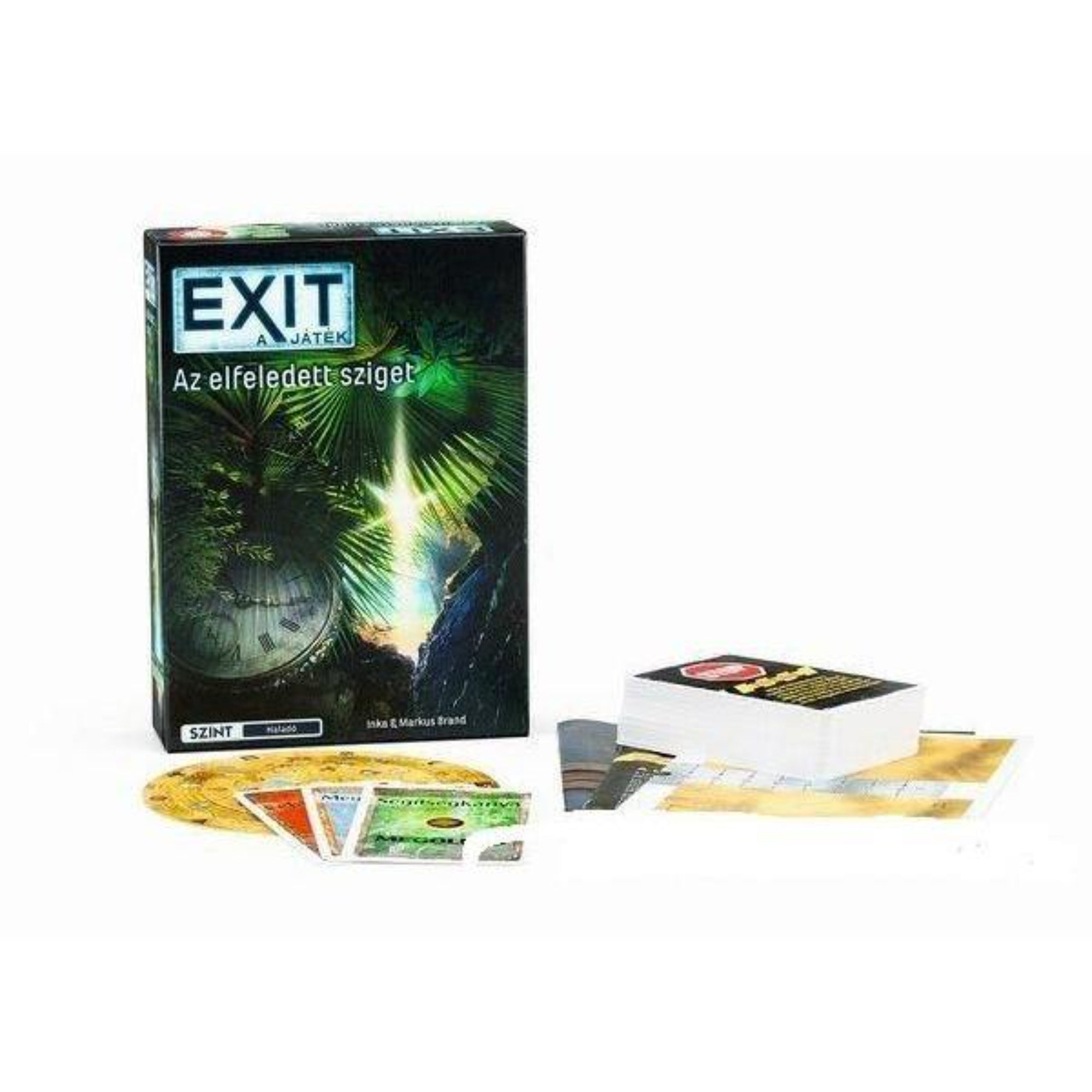 EXIT: Az elfeledett sziget társasjáték tartalma: játékkártyák, kódkerék és titkos dokumentumok.