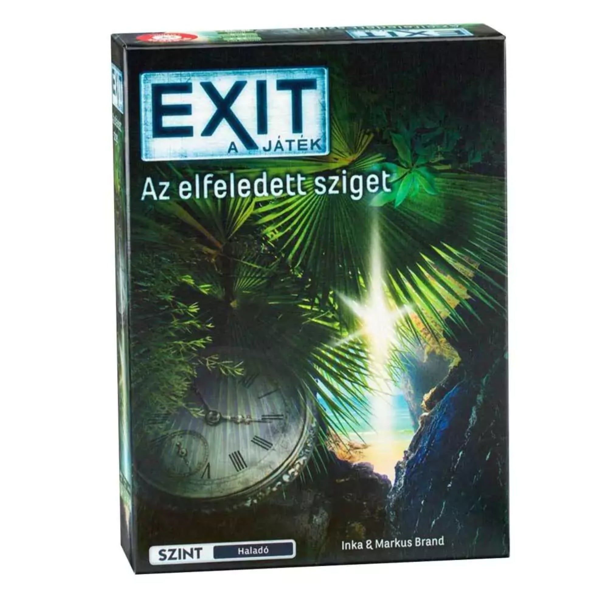 EXIT: Az elfeledett sziget társasjáték doboza, dzsungel növényzettel és félig eltemetett órával a borítón.