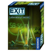 A "EXIT – Laboratorul secret" társasjáték dobozának előnézeti képe. A borítón digitális visszaszámláló (59:55) és különféle laboratóriumi lombikok, kémcsövek láthatók zöldes fényben, amely feszültségteljes hangulatot sugall. A játék címe román nyelven van feltüntetve.